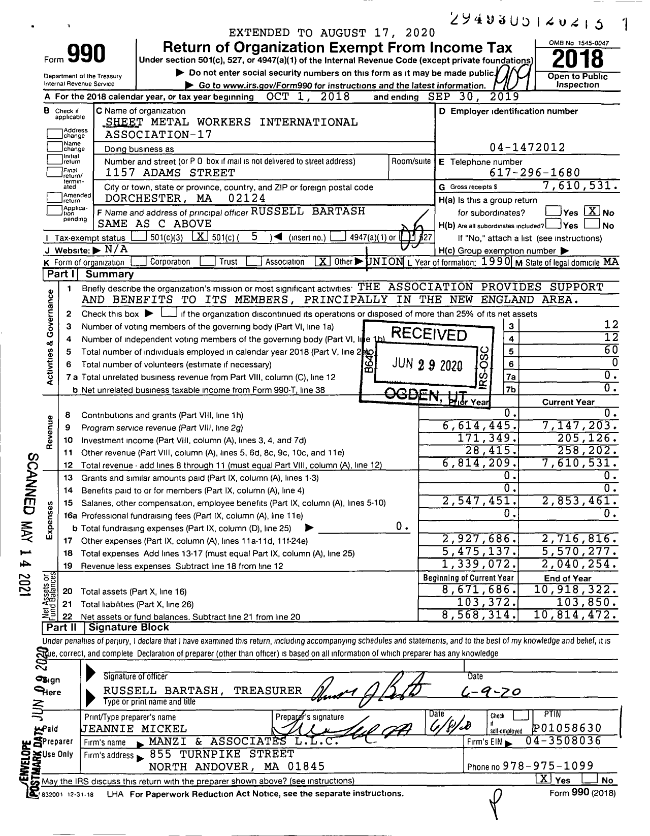 Image of first page of 2018 Form 990O for Sheet Metal Workers Local 17