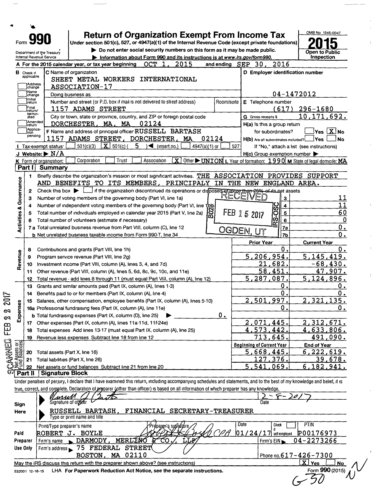 Image of first page of 2015 Form 990O for Sheet Metal Workers Local 17