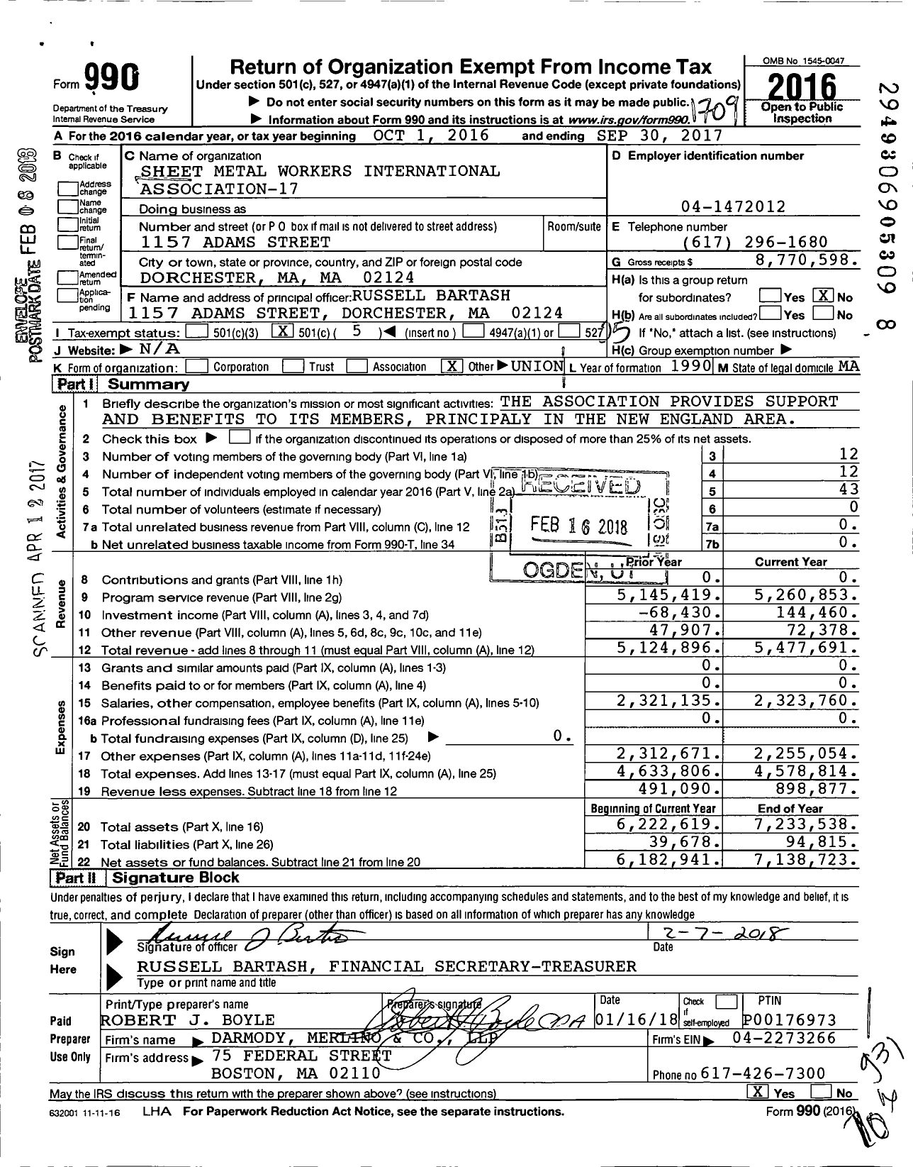 Image of first page of 2016 Form 990O for Sheet Metal Workers Local 17