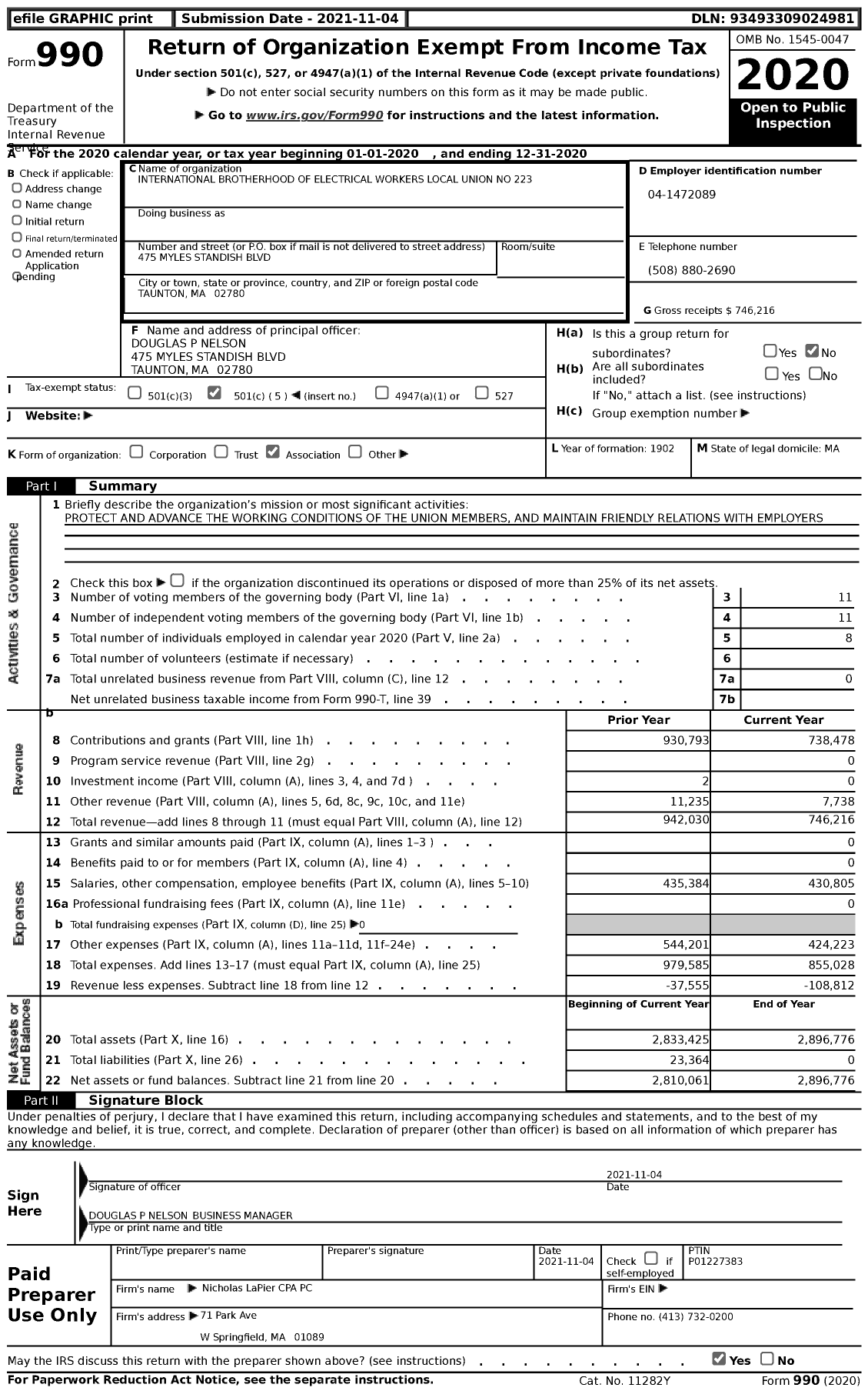 Image of first page of 2020 Form 990 for International Brotherhood of Electrical Workers - 0223 Local Union