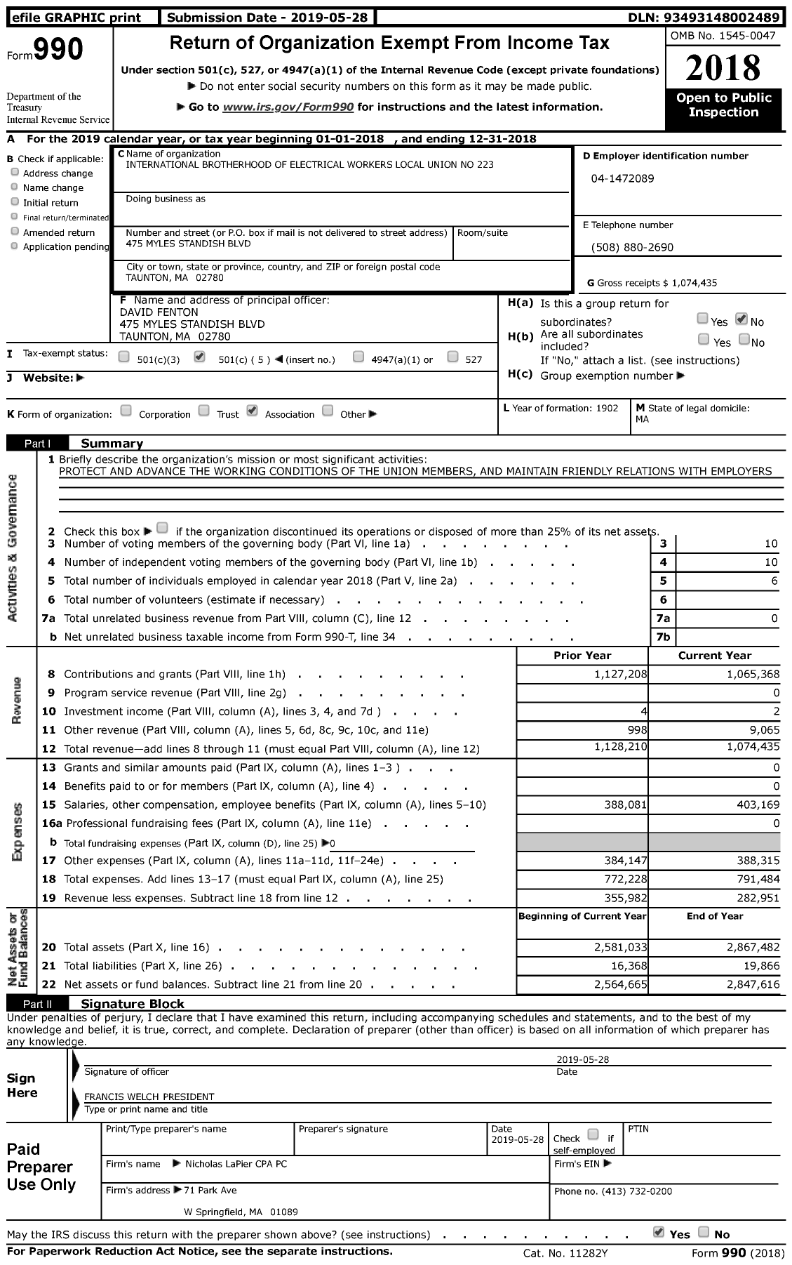 Image of first page of 2018 Form 990 for International Brotherhood of Electrical Workers - 0223 Local Union