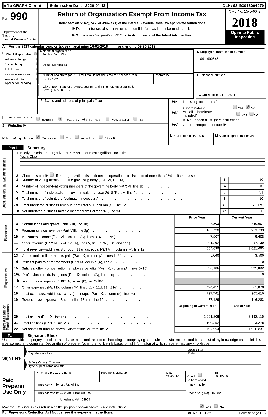 Image of first page of 2018 Form 990 for Jubilee Yacht Club