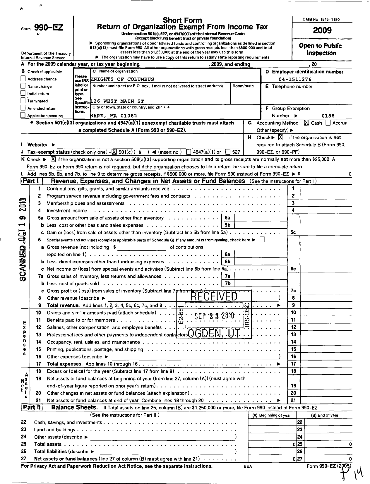 Image of first page of 2009 Form 990EO for Ware Knights of Columbus