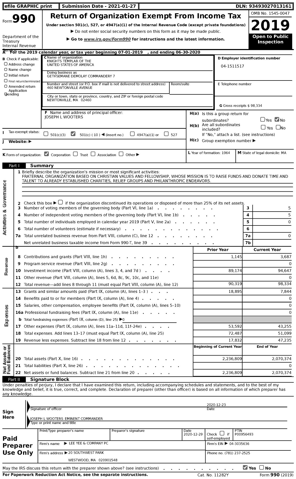 Image of first page of 2019 Form 990 for Knights Templar - Gethsemane Demolay Commandery 7