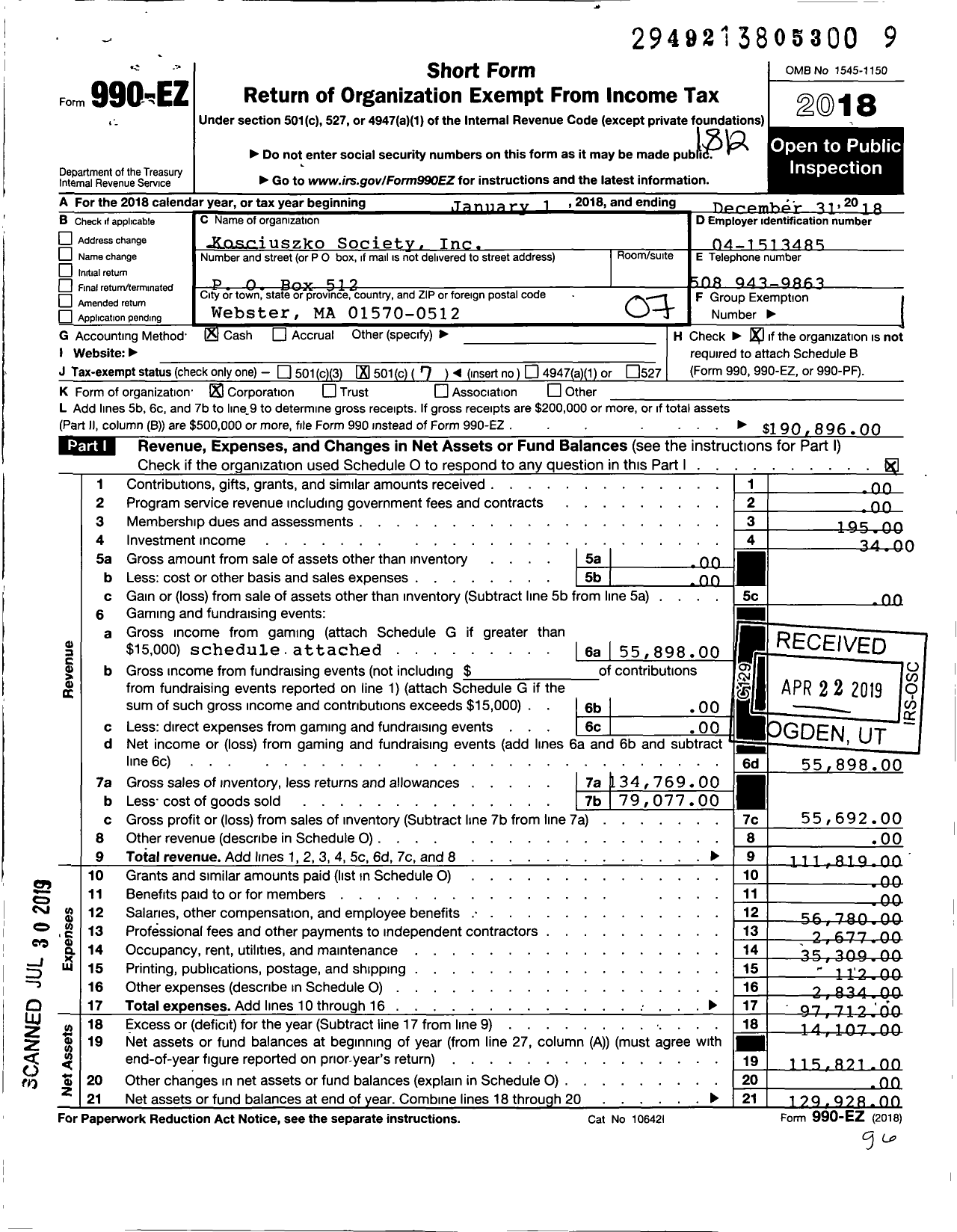 Image of first page of 2018 Form 990EO for Kosciuszko Society