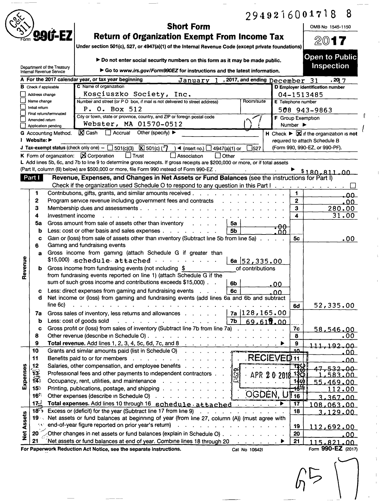 Image of first page of 2017 Form 990EO for Kosciuszko Society