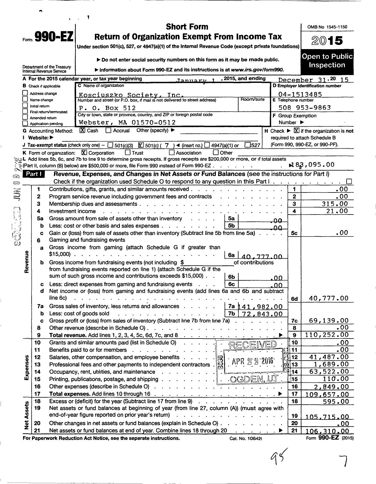 Image of first page of 2015 Form 990EO for Kosciuszko Society