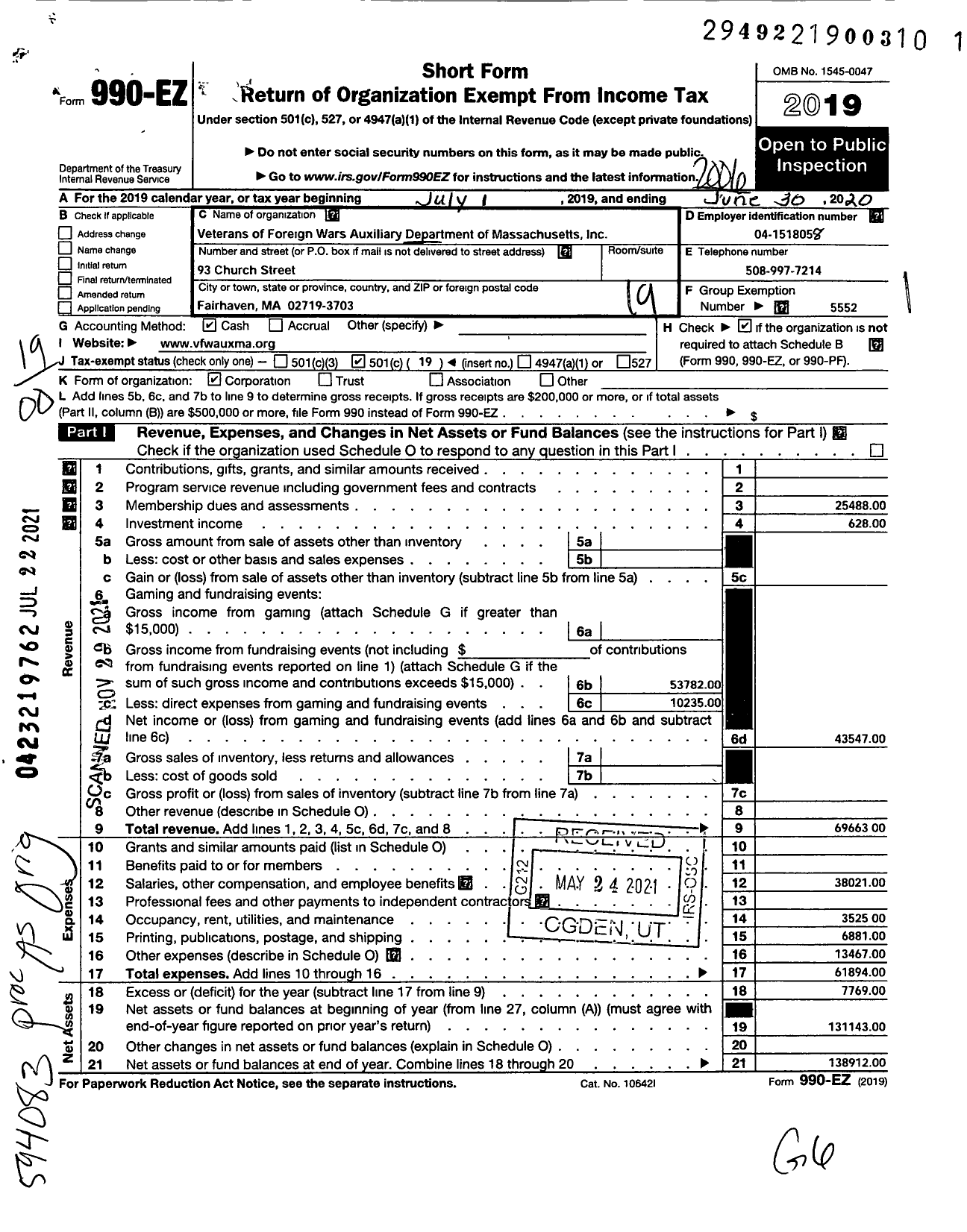 Image of first page of 2019 Form 990EO for Department of Massachusetts VFW Auxiliary