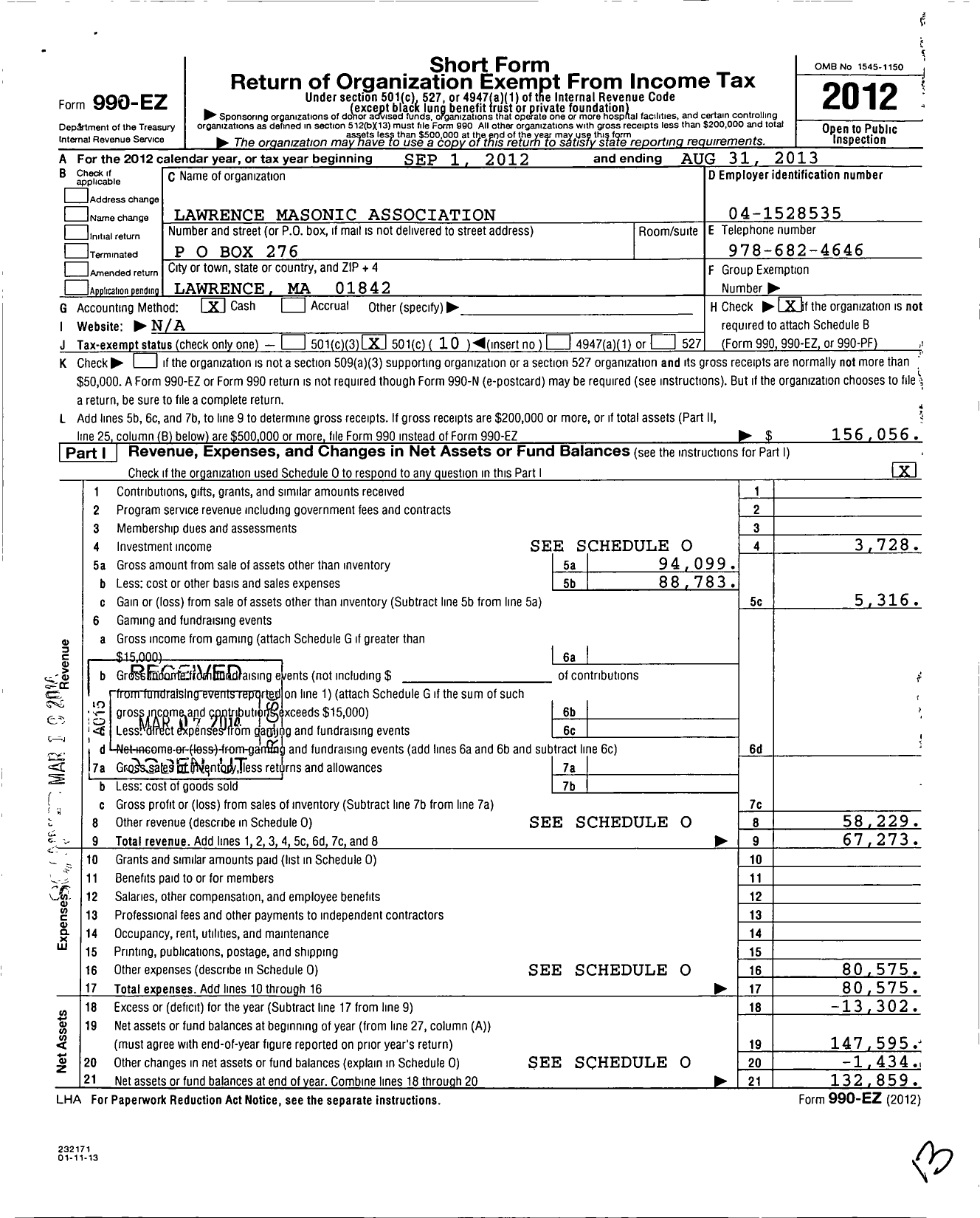 Image of first page of 2012 Form 990EO for Massachusetts Freemasons - Lawrence Masonic Assoc