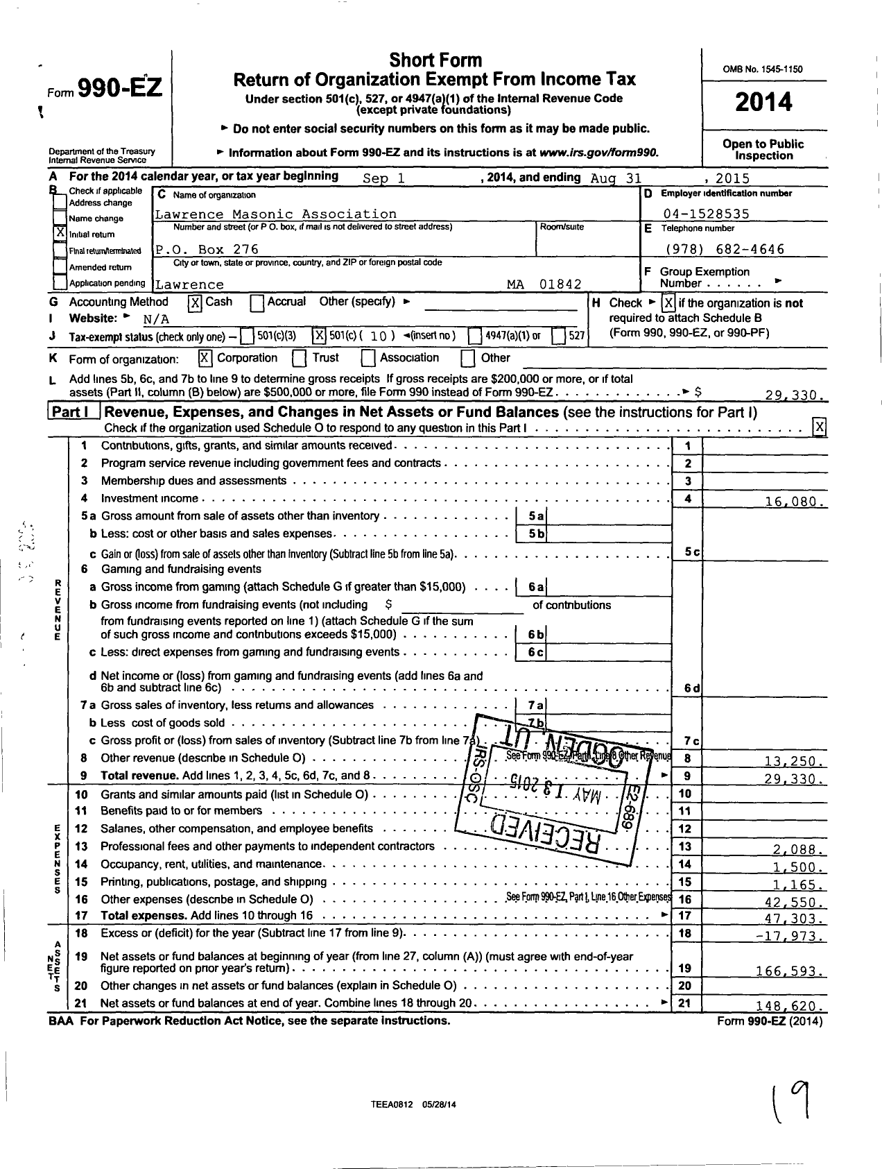 Image of first page of 2014 Form 990EO for Massachusetts Freemasons - Lawrence Masonic Assoc