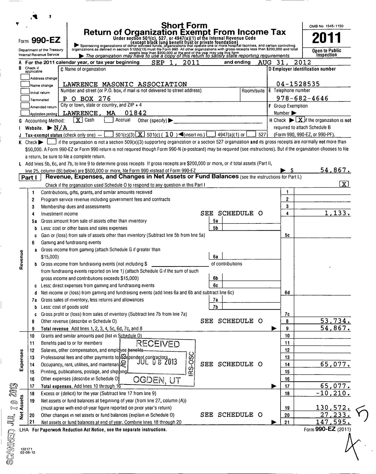 Image of first page of 2011 Form 990EO for Massachusetts Freemasons - Lawrence Masonic Assoc