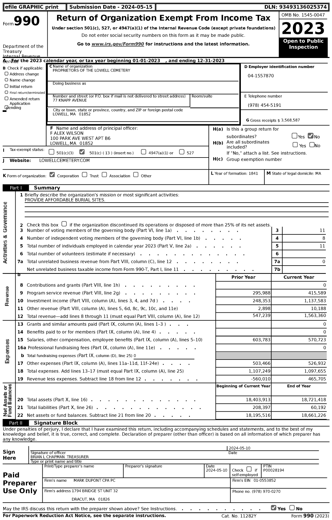 Image of first page of 2023 Form 990 for Proprietors of the Lowell Cemetery