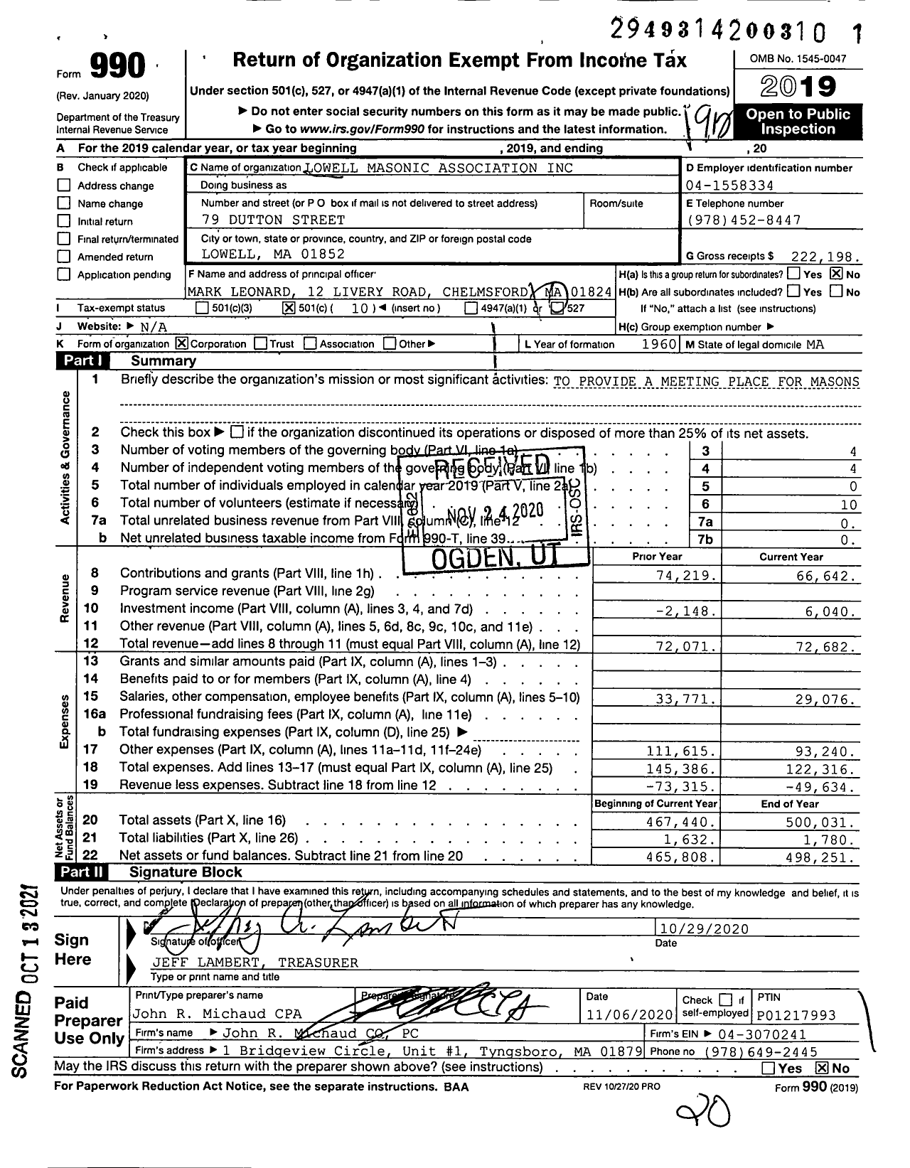 Image of first page of 2019 Form 990O for Lowell Masonic Association