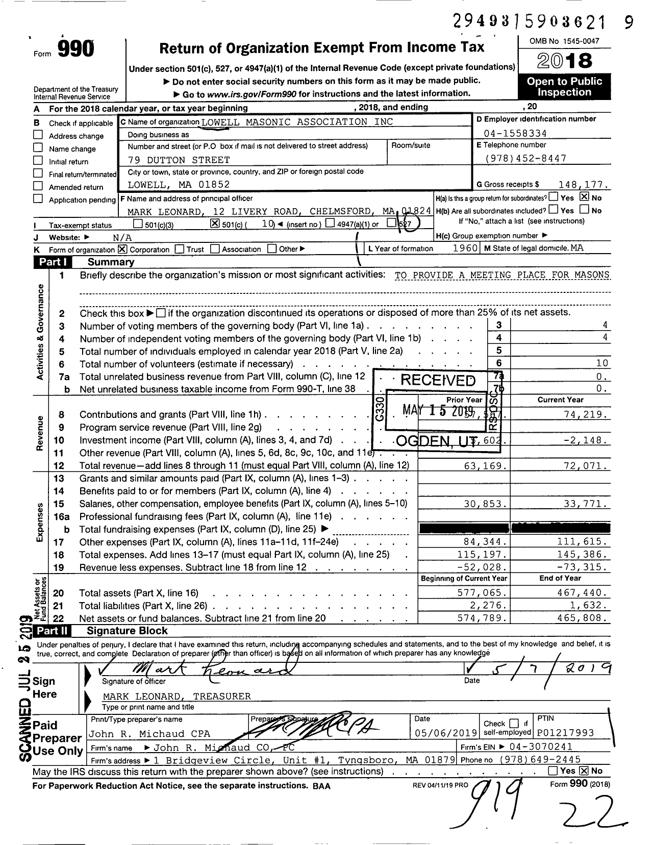 Image of first page of 2018 Form 990O for Lowell Masonic Association