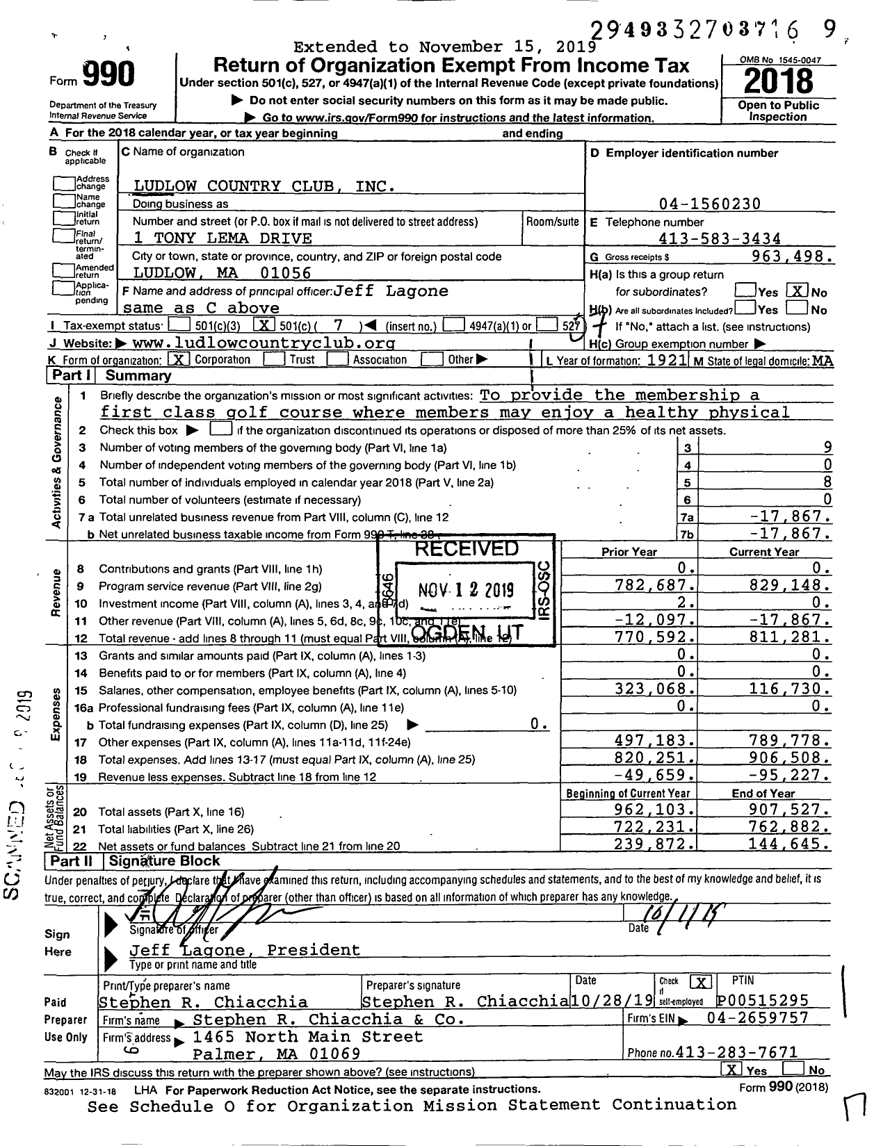 Image of first page of 2018 Form 990O for Ludlow Country Club