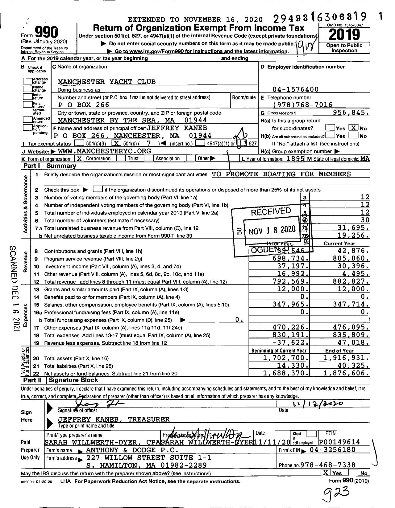 Image of first page of 2019 Form 990O for Manchester Yacht Club