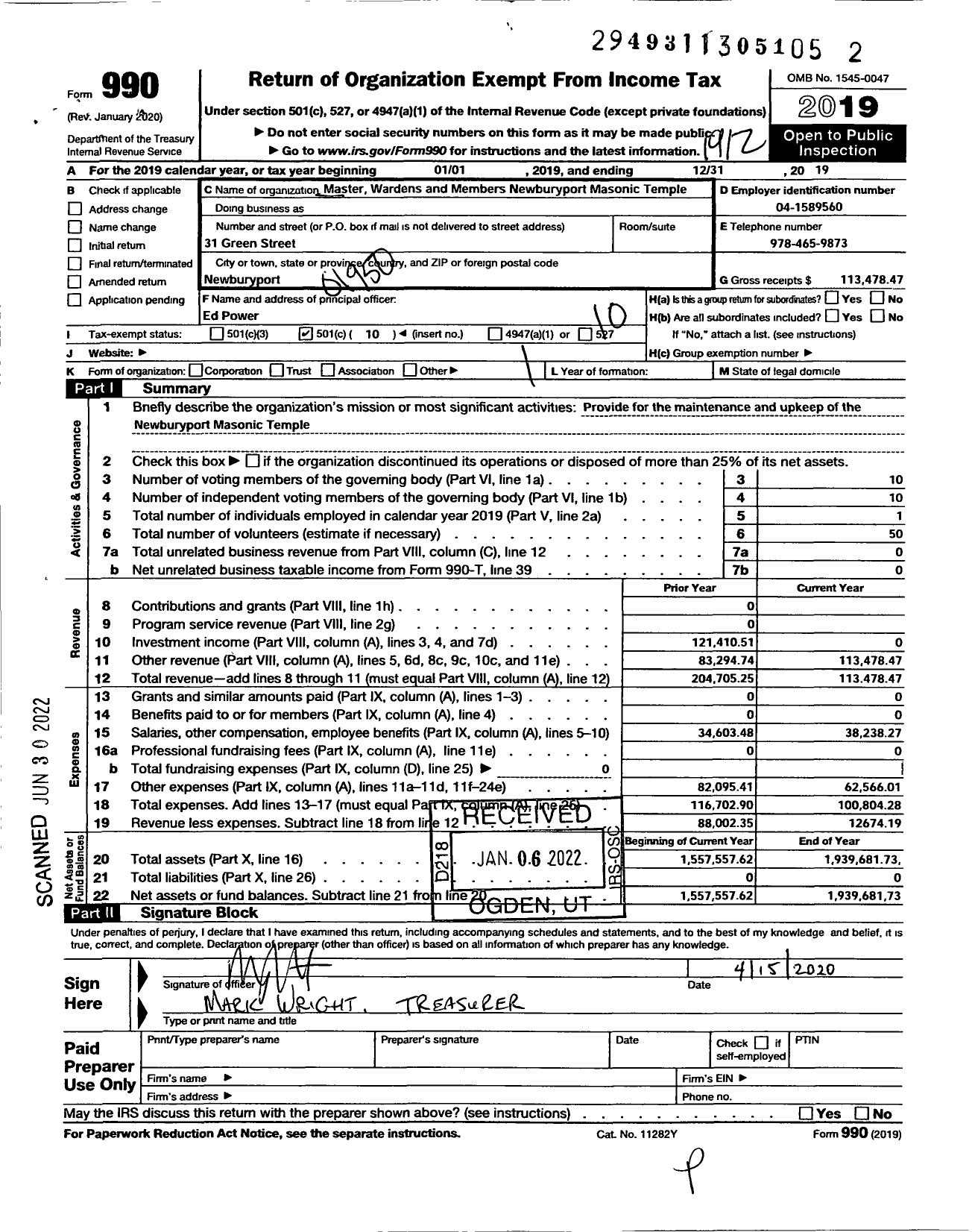 Image of first page of 2019 Form 990O for Massachusetts Freemasons - Newbury Masonic Temple