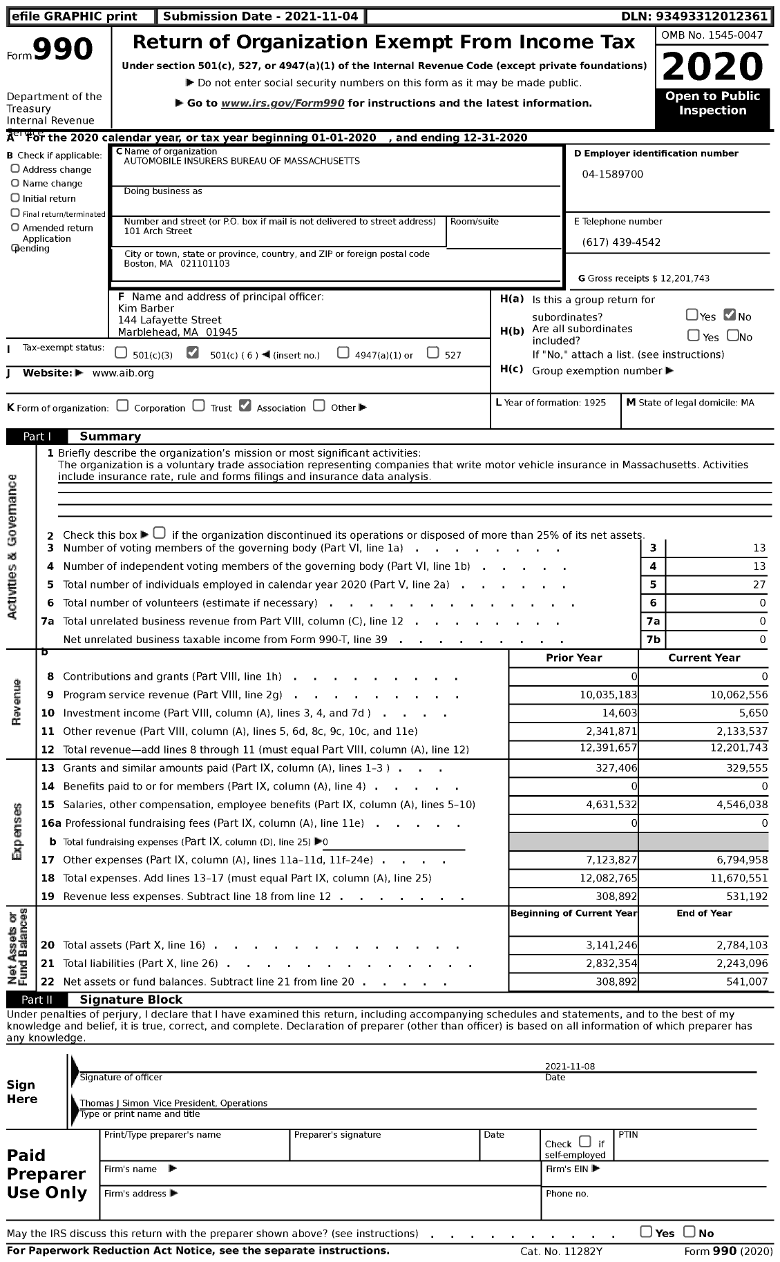 Image of first page of 2020 Form 990 for Automobile Insurers Bureau of Massachusetts (AIB)