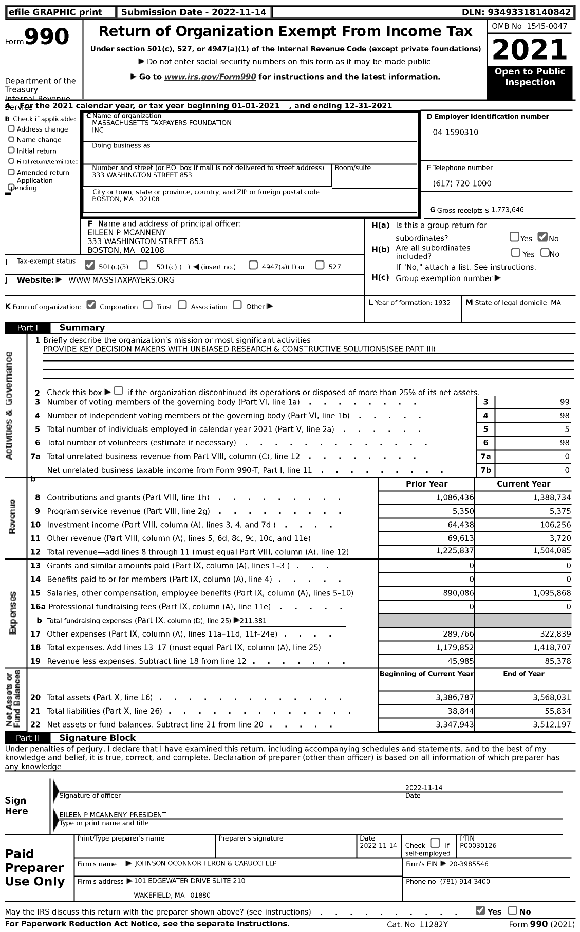 Image of first page of 2021 Form 990 for Massachusetts Taxpayers Foundation