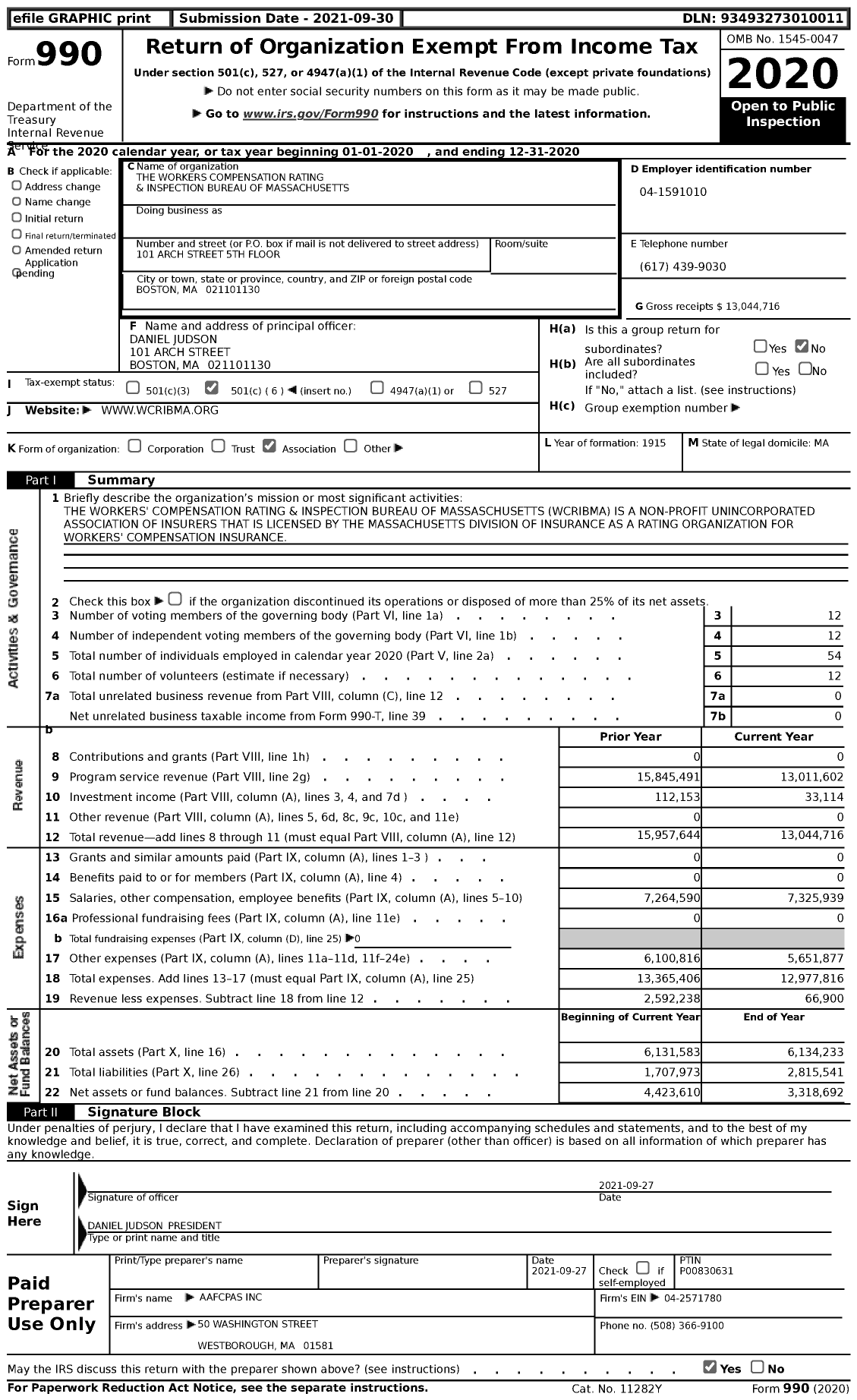 Image of first page of 2020 Form 990 for The Workers Compensation Rating and Inspection Bureau of Massachusetts