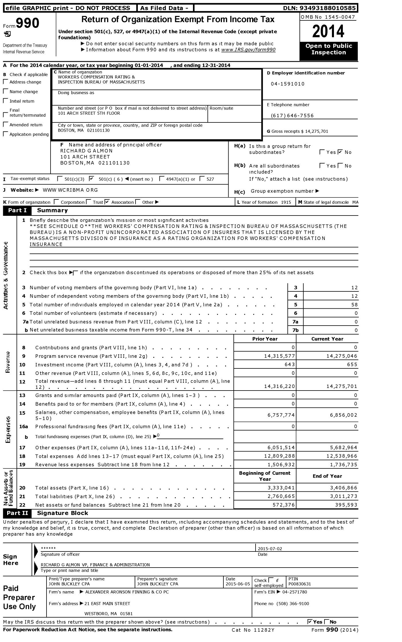 Image of first page of 2014 Form 990O for The Workers Compensation Rating and Inspection Bureau of Massachusetts