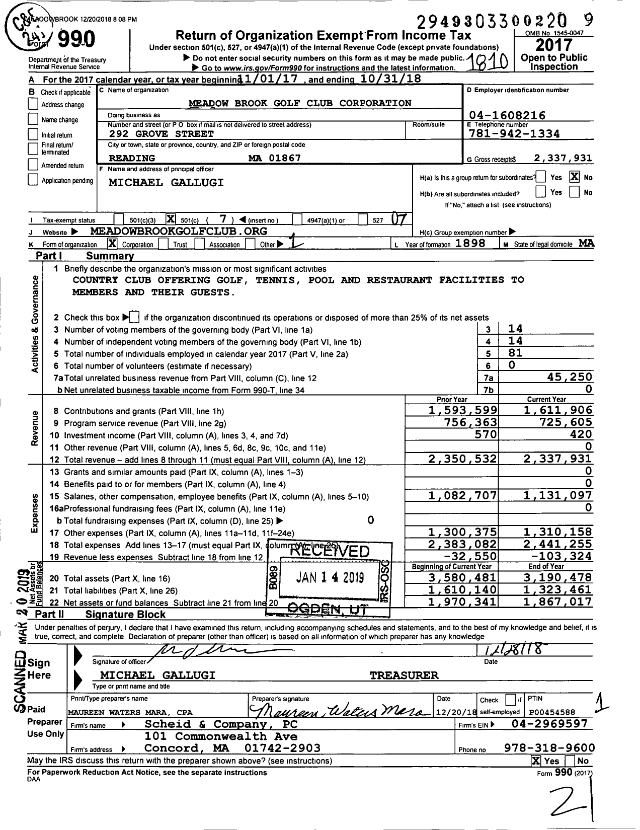 Image of first page of 2017 Form 990O for Meadow Brook Golf Club Corporation