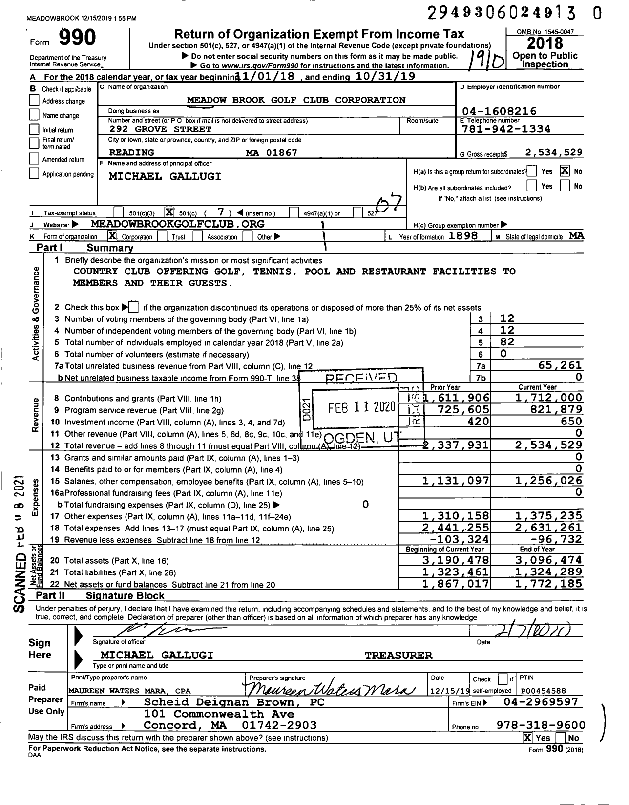 Image of first page of 2018 Form 990O for Meadow Brook Golf Club Corporation