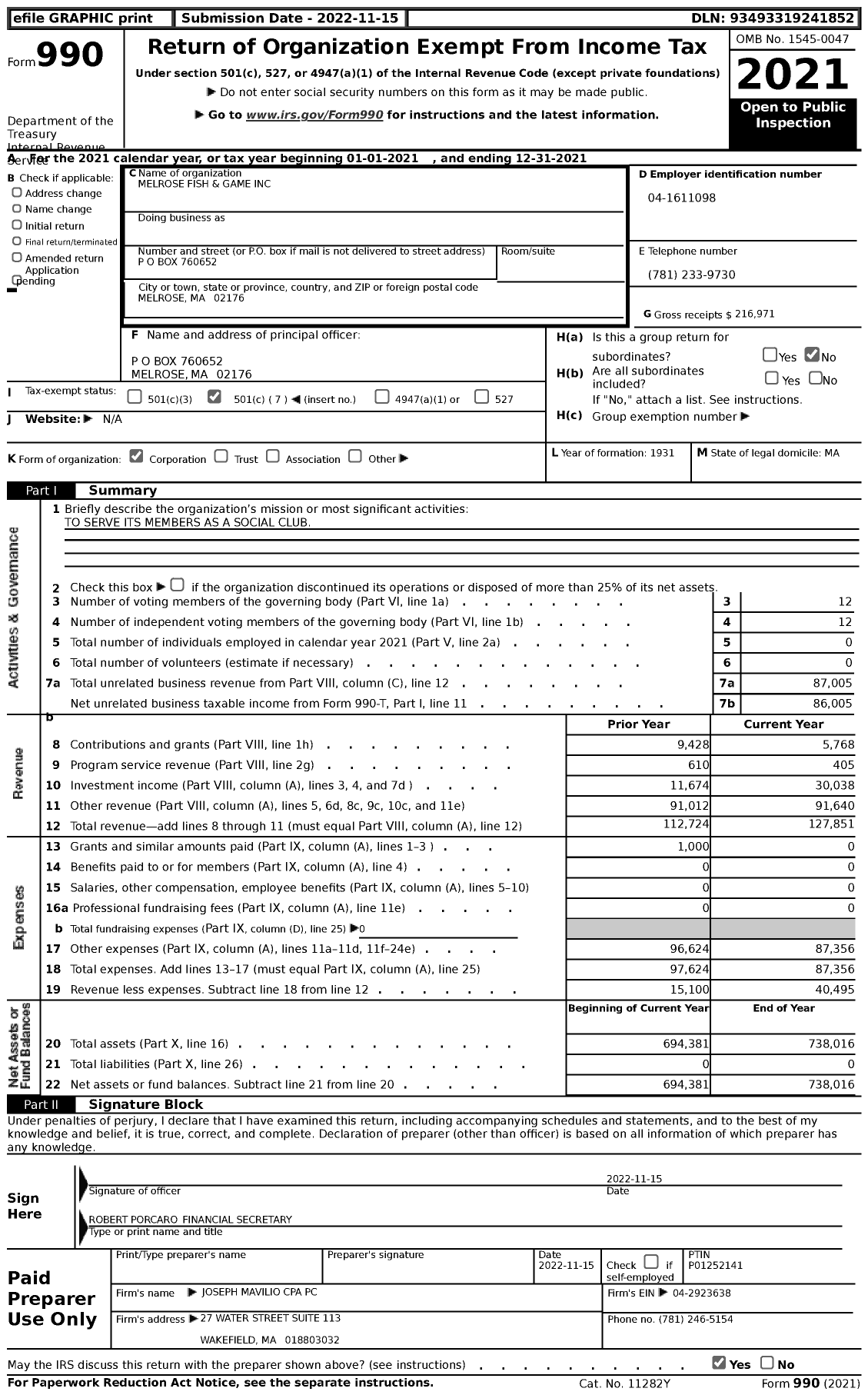 Image of first page of 2021 Form 990 for Melrose Fish and Game