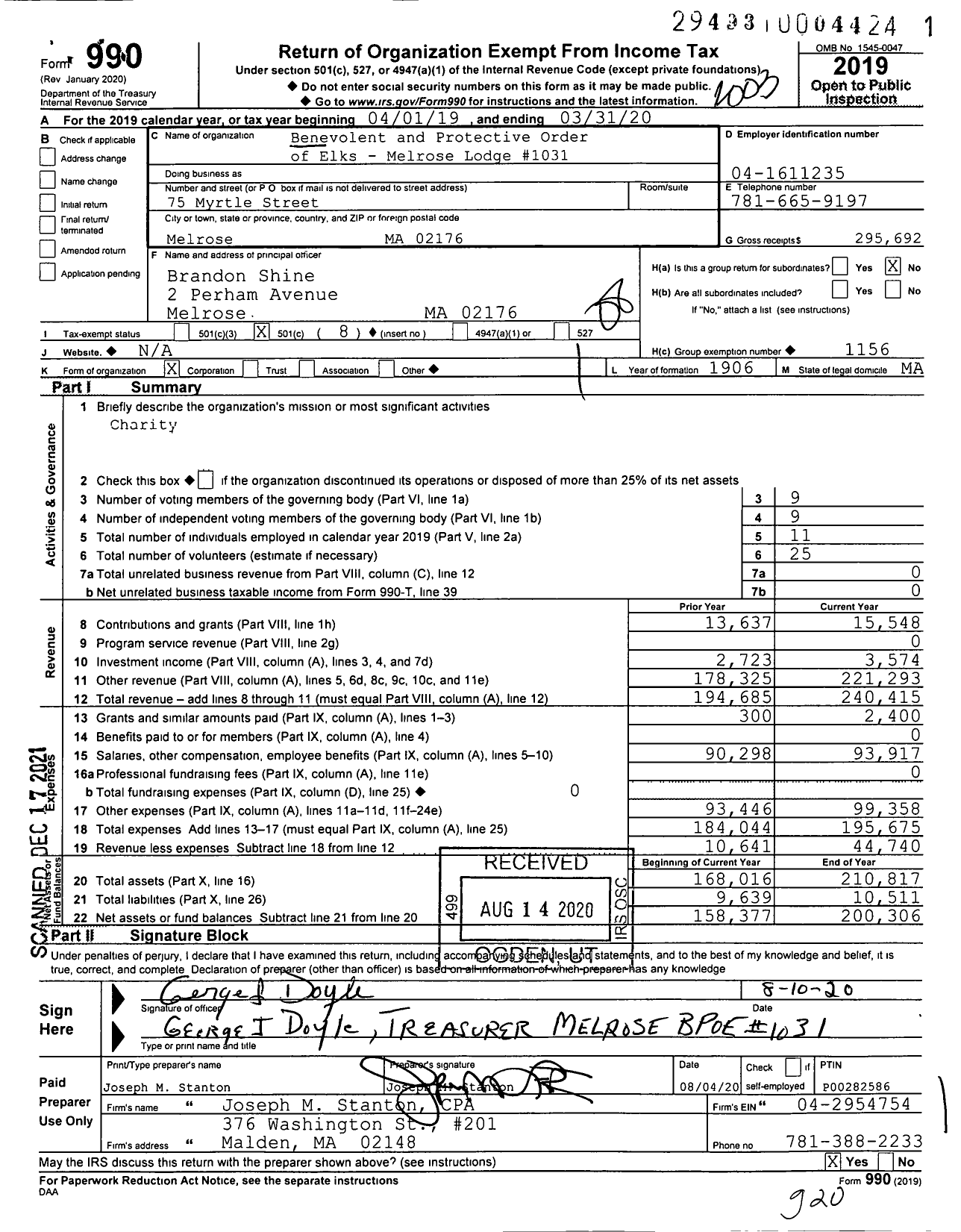 Image of first page of 2019 Form 990O for Benevolent and Protective Order of Elks - 1031 Melrose