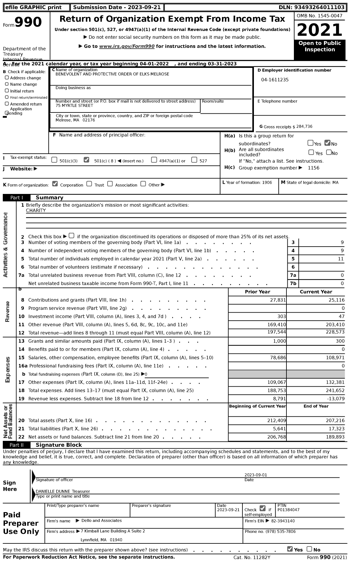 Image of first page of 2022 Form 990 for Benevolent and Protective Order of Elks - 1031 Melrose