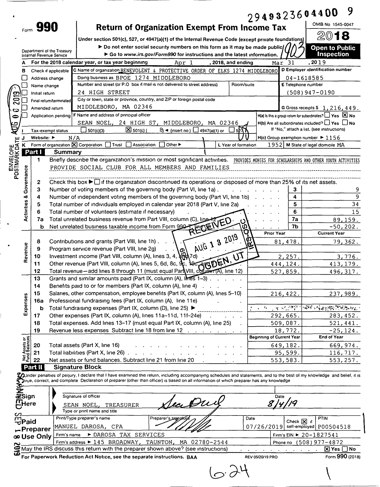 Image of first page of 2018 Form 990O for Benevolent and Protective Order of Elks - 1274 Middleboro