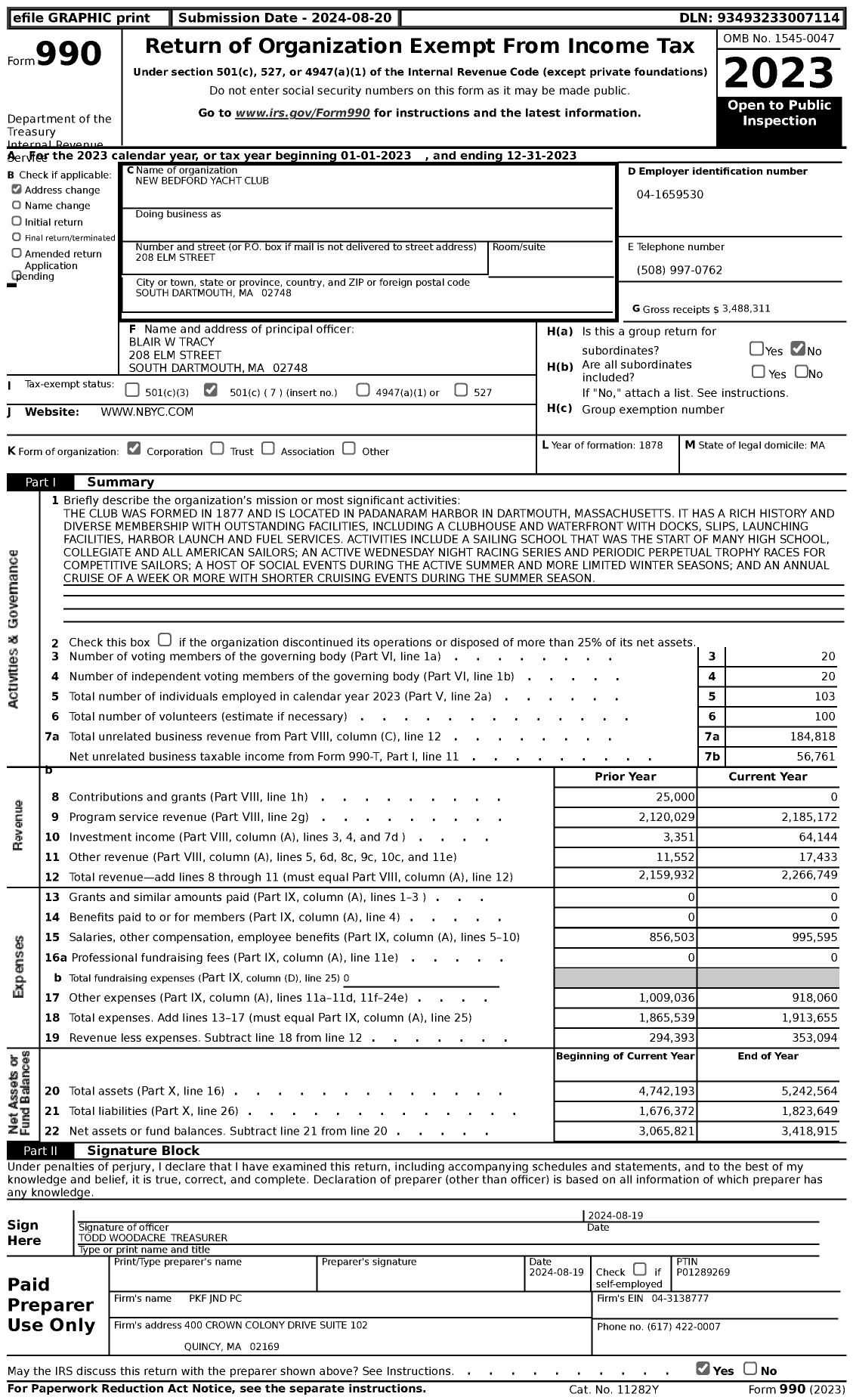 Image of first page of 2023 Form 990 for New Bedford Yacht Club