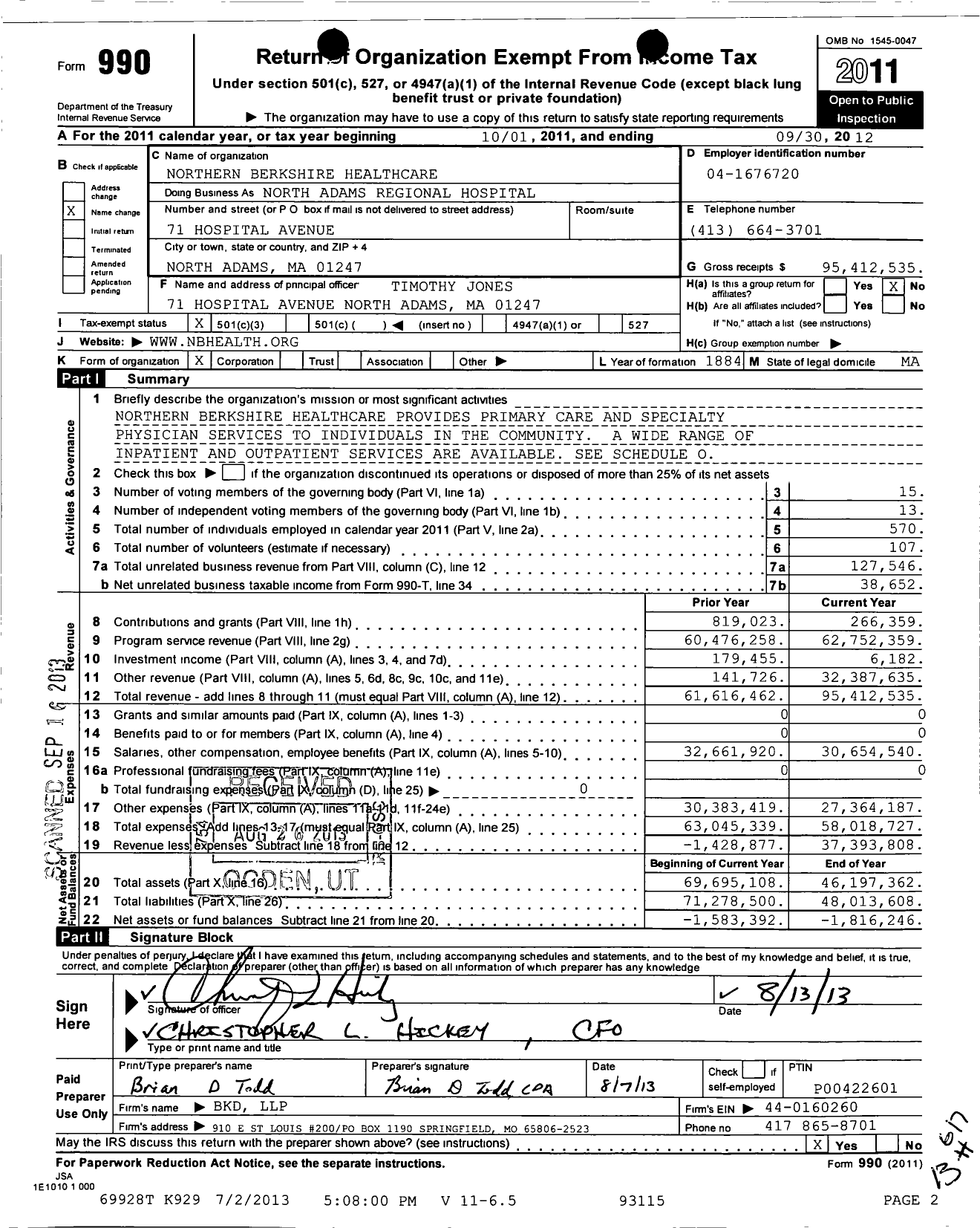 Image of first page of 2011 Form 990 for Northern Berkshire Healthcare