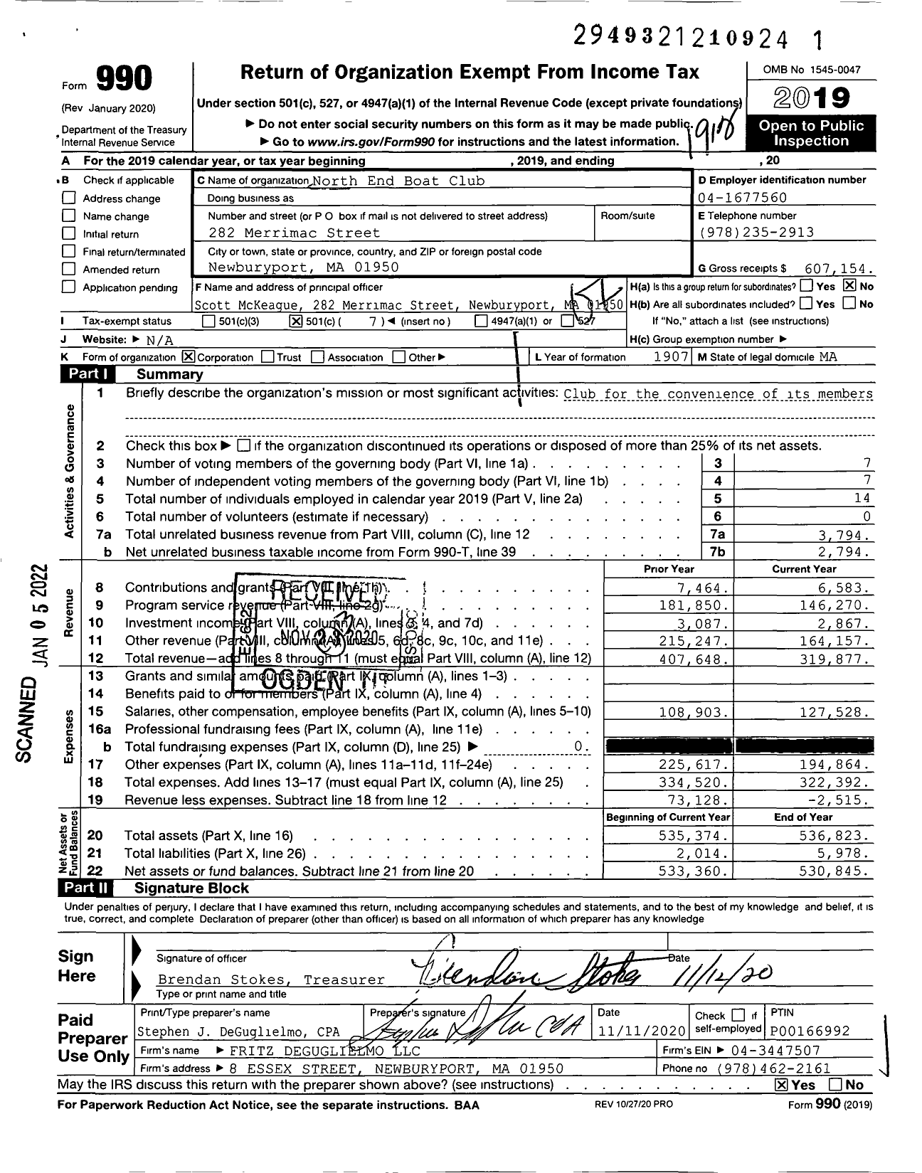 Image of first page of 2019 Form 990O for North End Boat Club