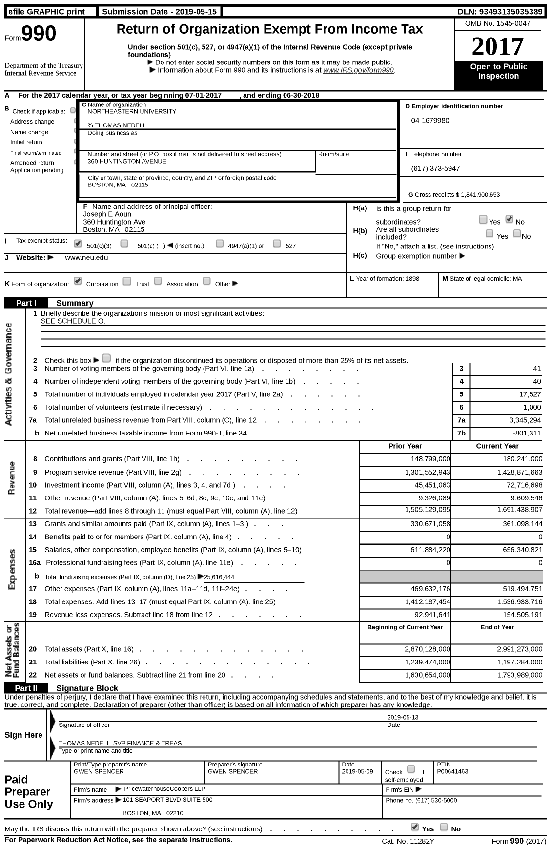 Image of first page of 2017 Form 990 for Northeastern University (NU)
