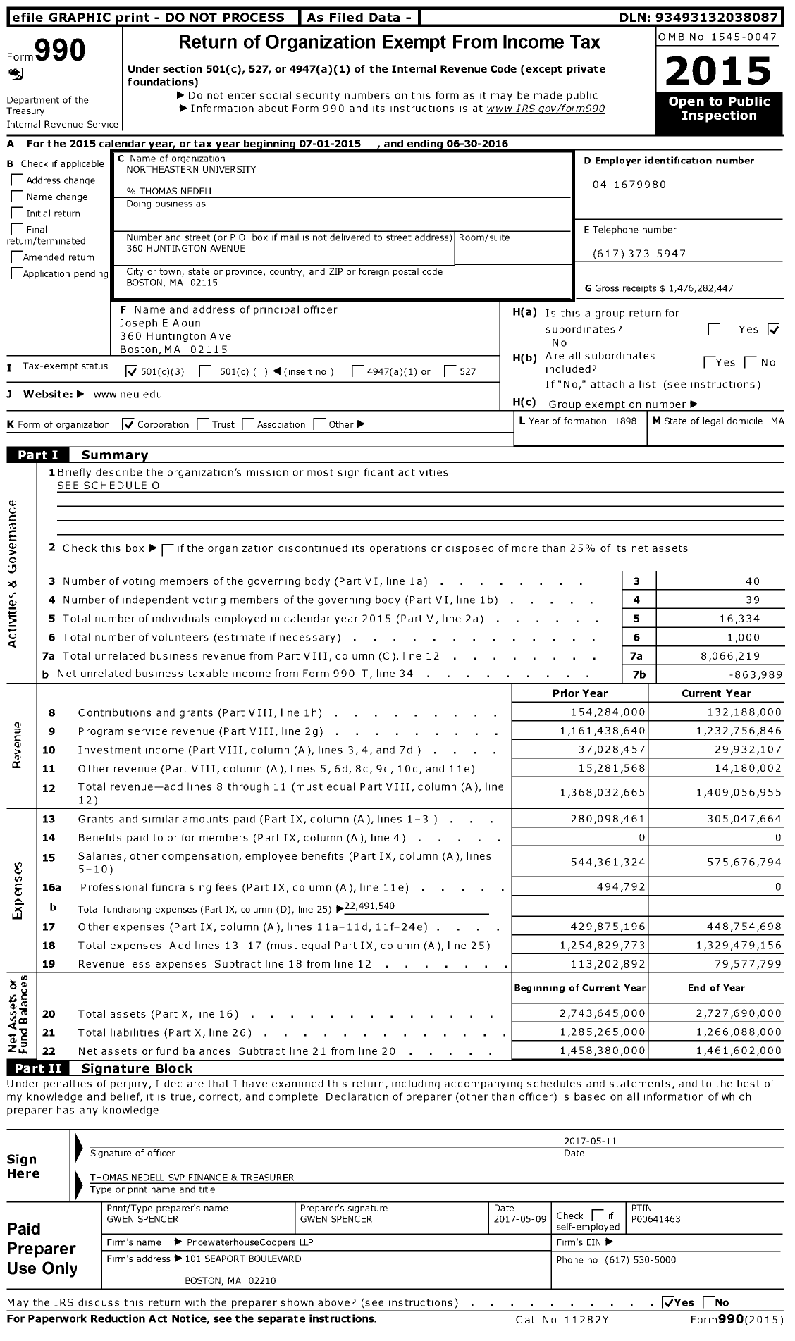 Image of first page of 2015 Form 990 for Northeastern University (NU)