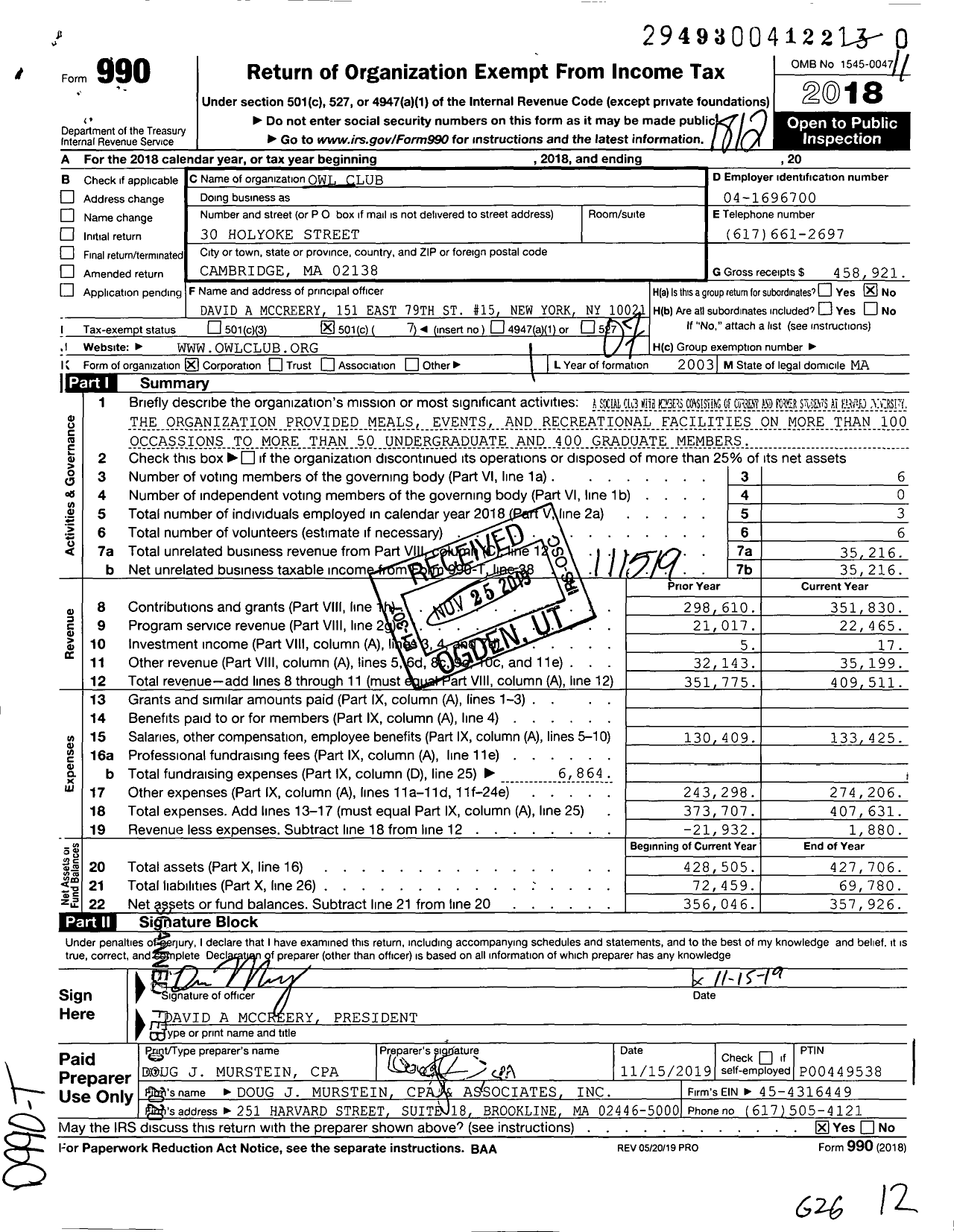 Image of first page of 2018 Form 990O for Owl Club