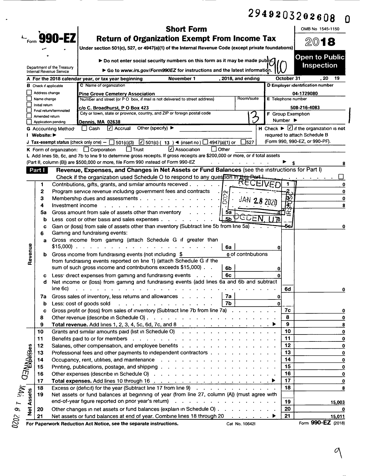 Image of first page of 2018 Form 990EO for Pine Grove Cemetery Association / Charles E Broadhurst - Pres