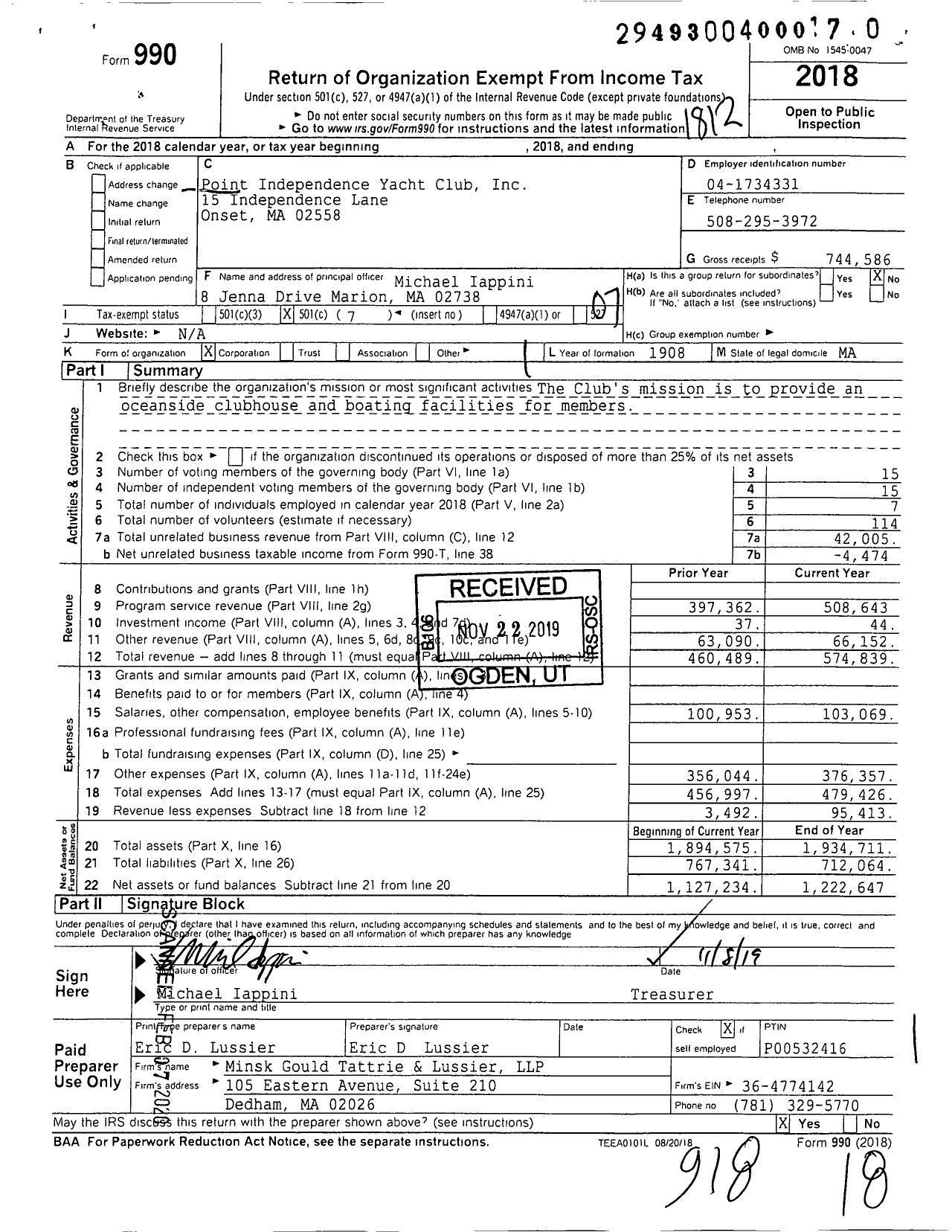 Image of first page of 2018 Form 990O for Point Independence Yacht Club