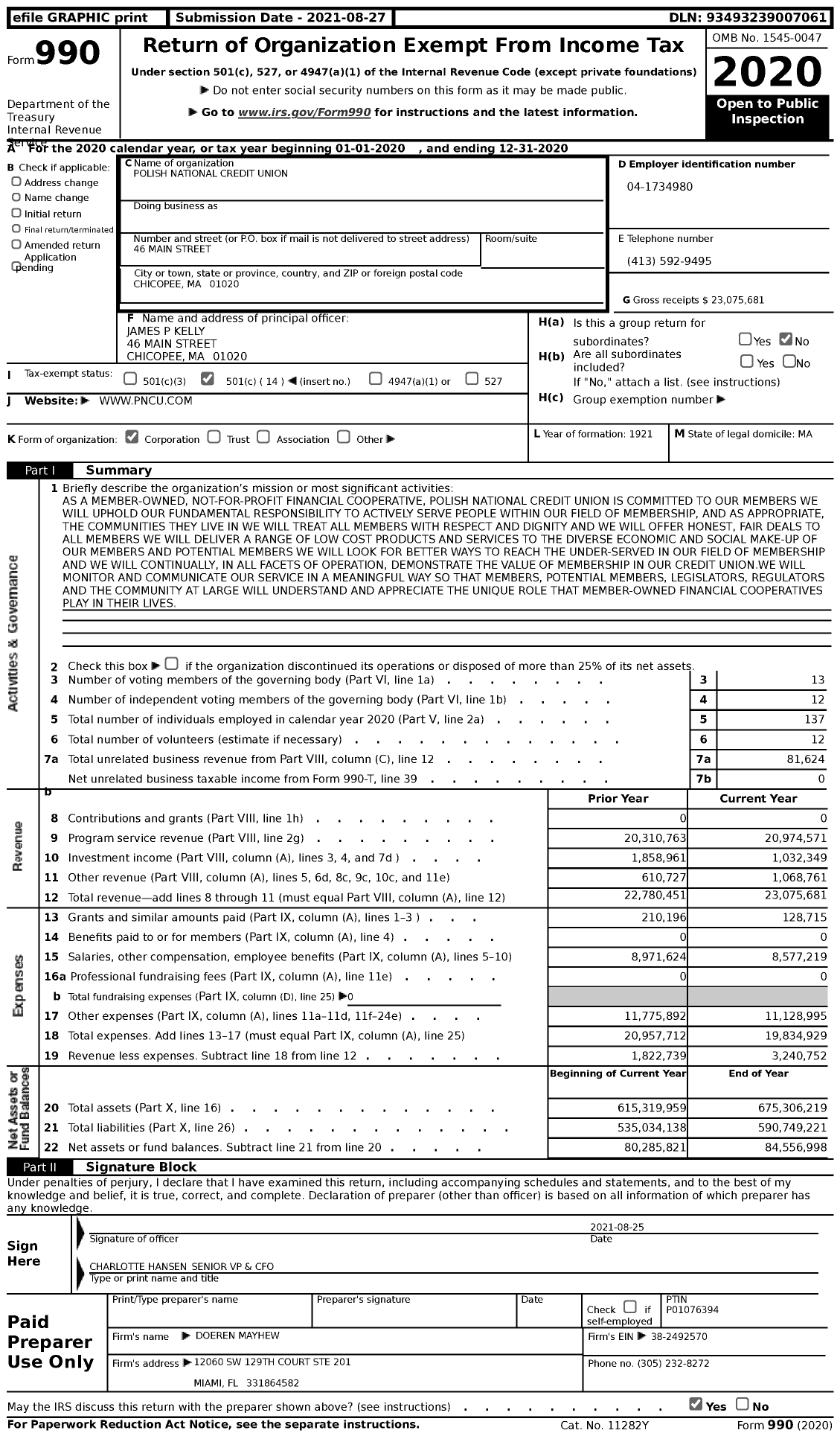 Image of first page of 2020 Form 990 for Polish National Credit Union
