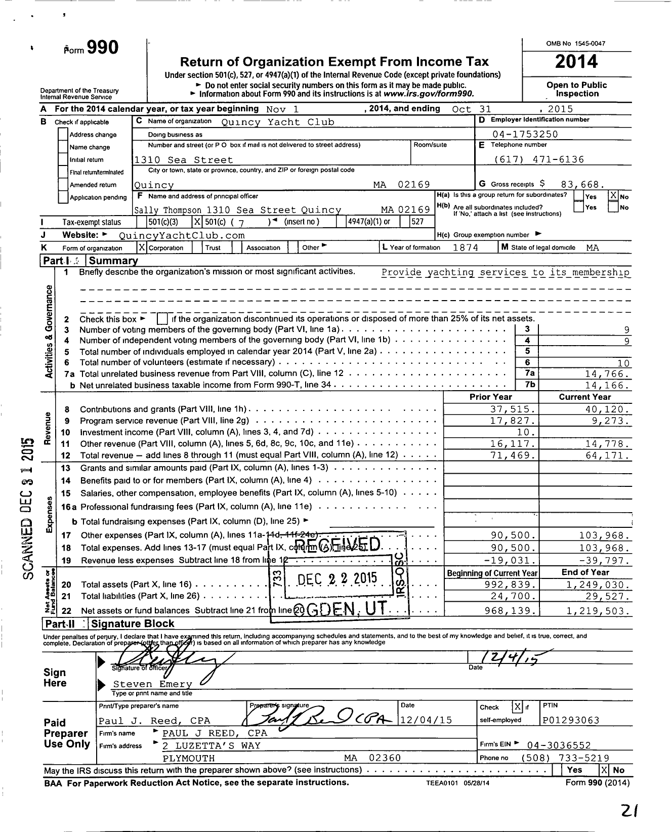 Image of first page of 2014 Form 990O for Quincy Yacht Club