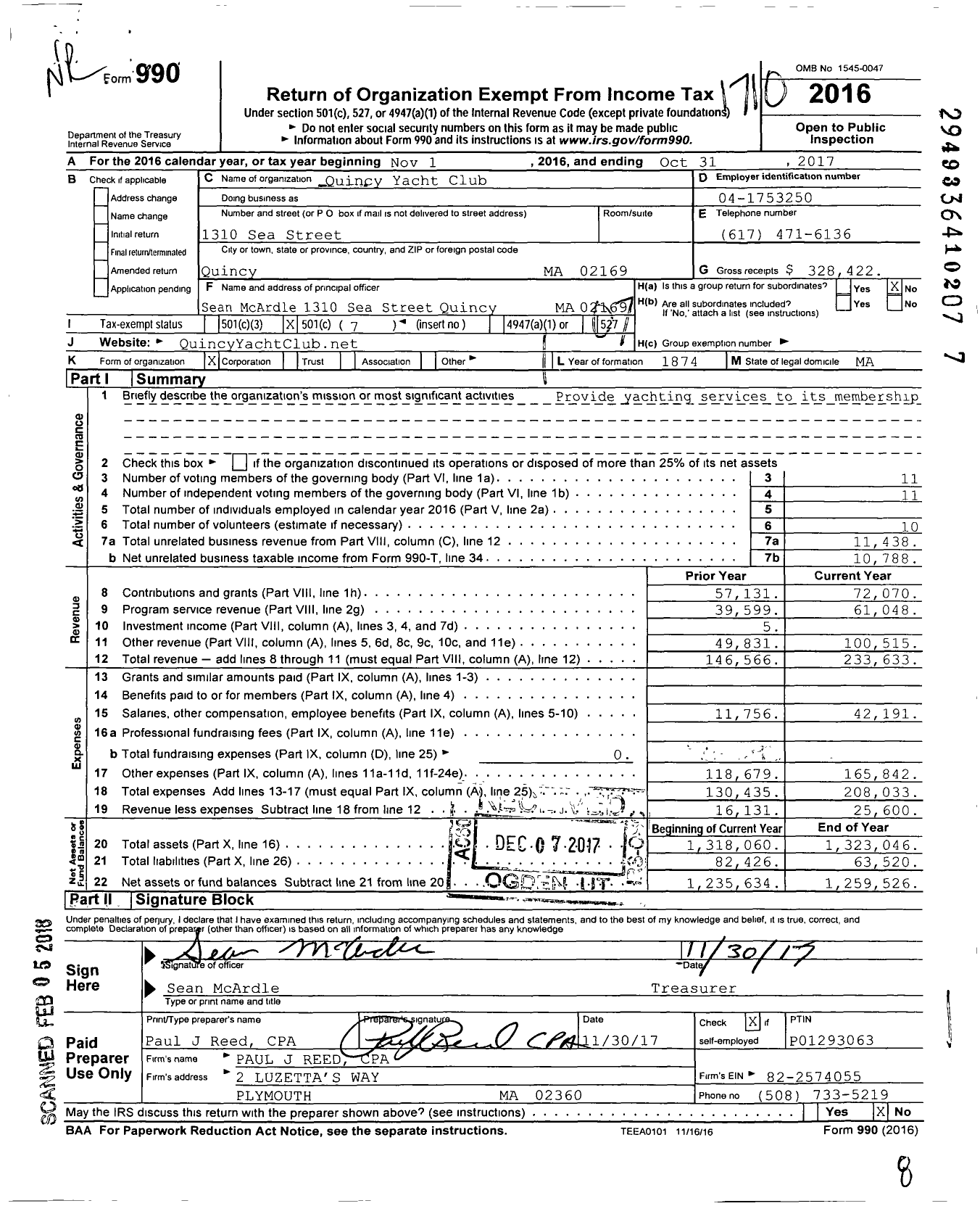 Image of first page of 2016 Form 990O for Quincy Yacht Club