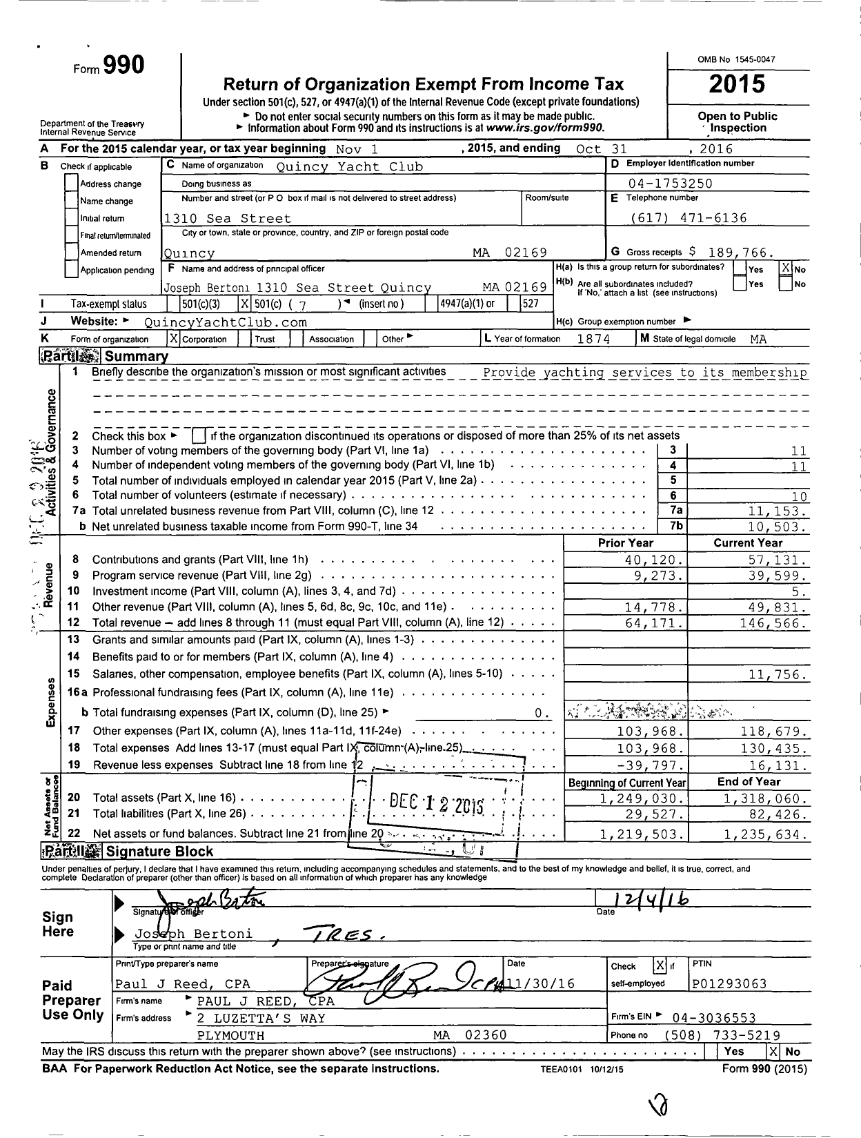 Image of first page of 2015 Form 990O for Quincy Yacht Club