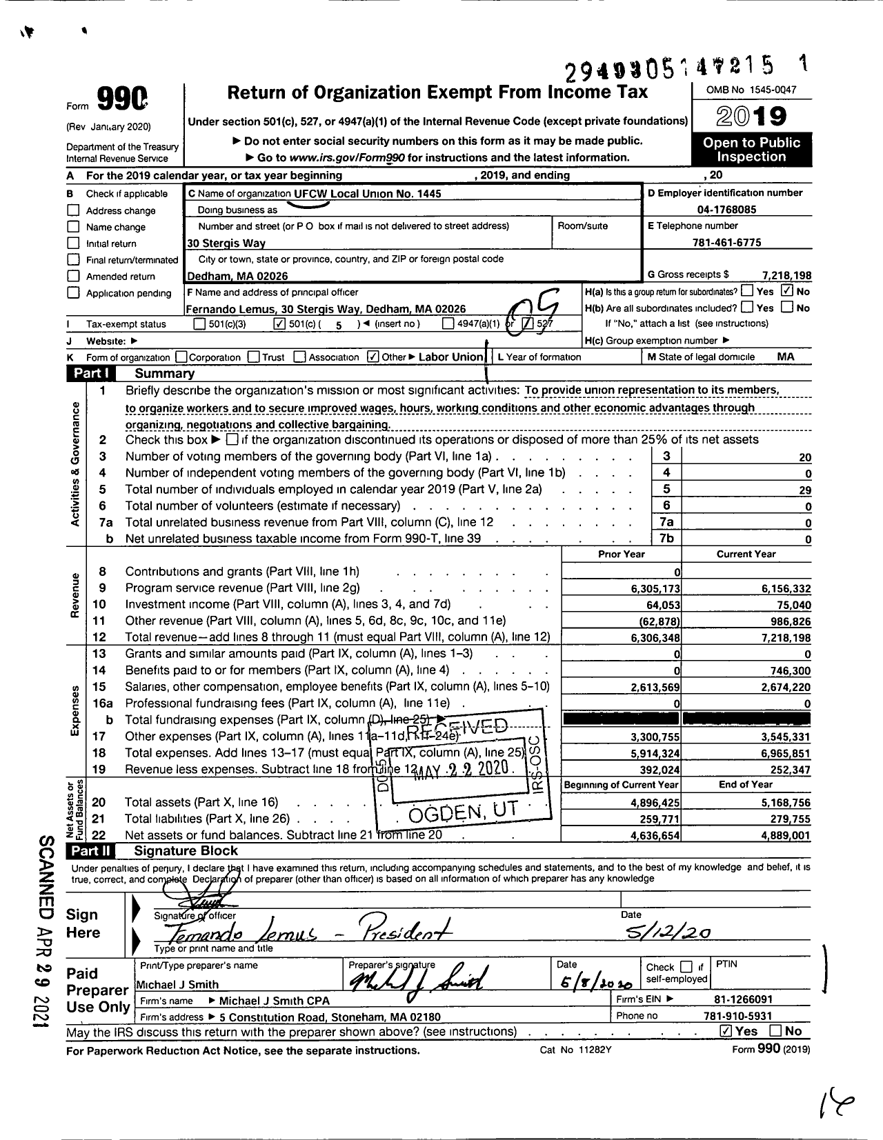 Image of first page of 2019 Form 990O for United Food & Commercial Workers Union - United Food and Commercial Workers Union Local 1445 (UFCW Local 1445)