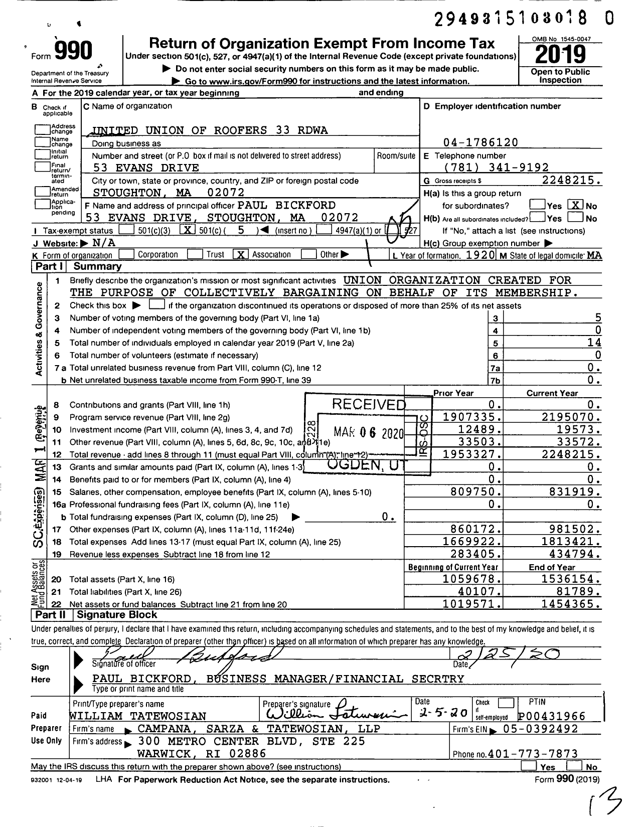 Image of first page of 2019 Form 990O for United Union of Roofers, Waterproofers and Allied Workers - 33 Rdwa