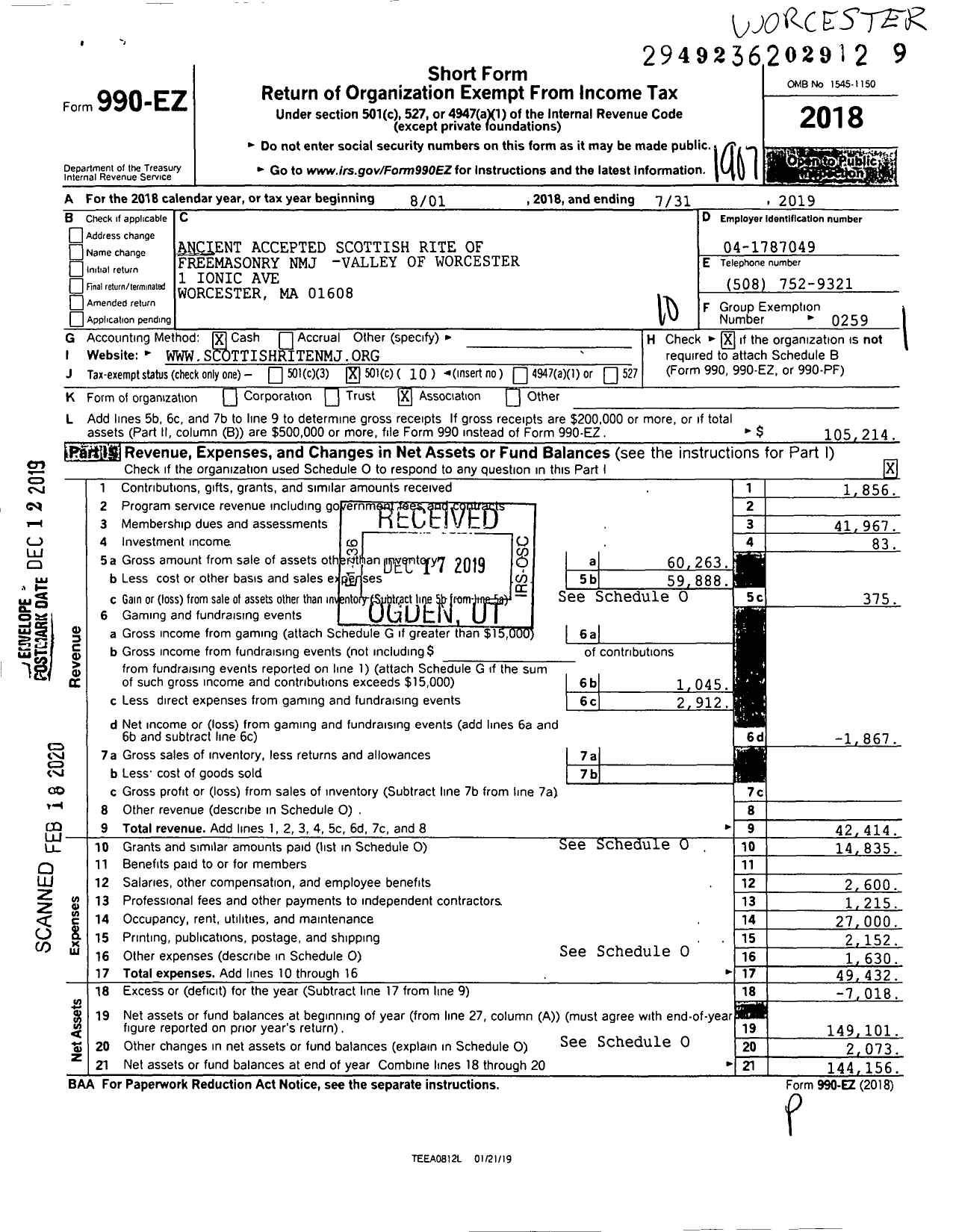 Image of first page of 2018 Form 990EO for Scottish Rite, NMJ - Valley of Worcester