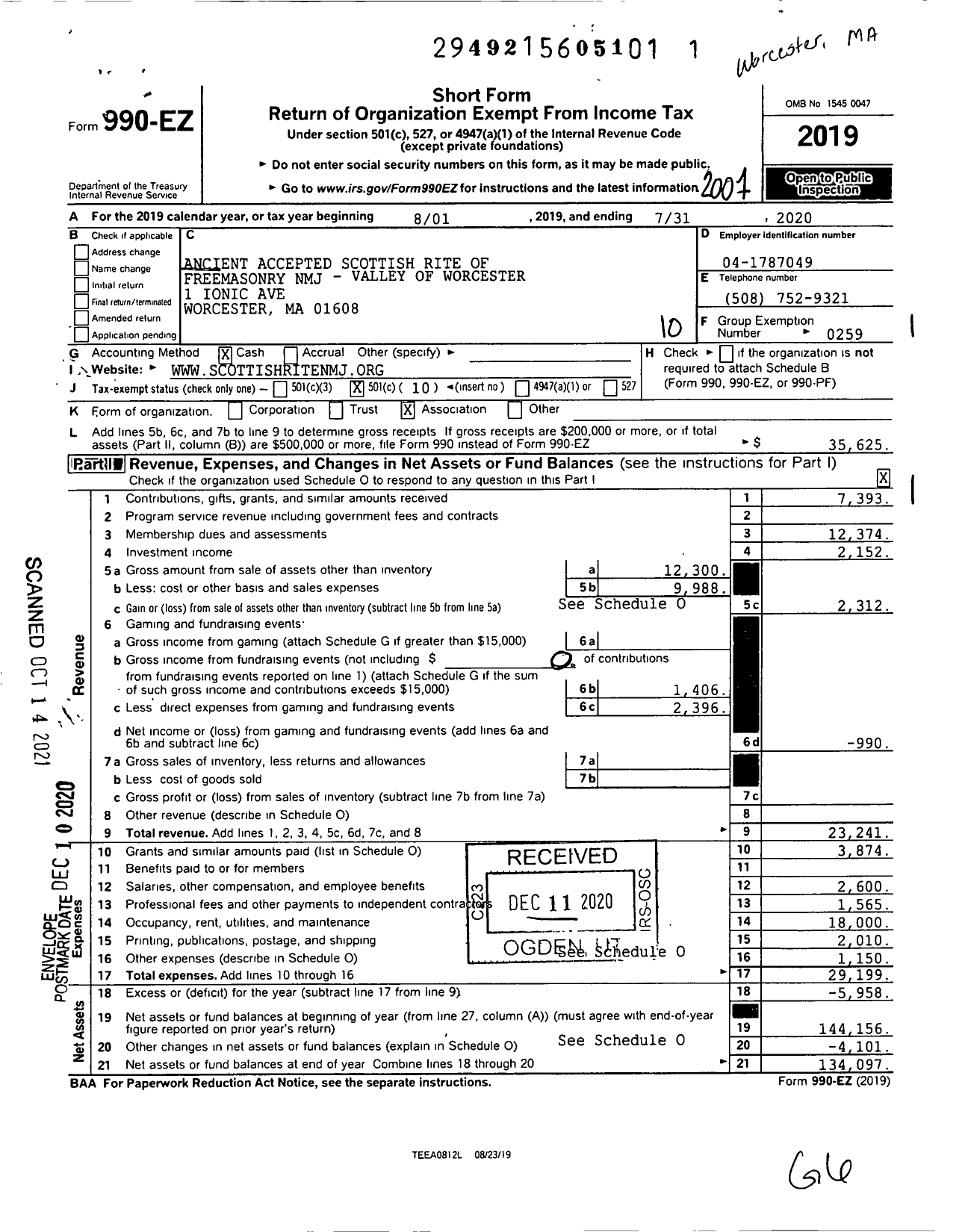 Image of first page of 2019 Form 990EO for Scottish Rite, NMJ - Valley of Worcester