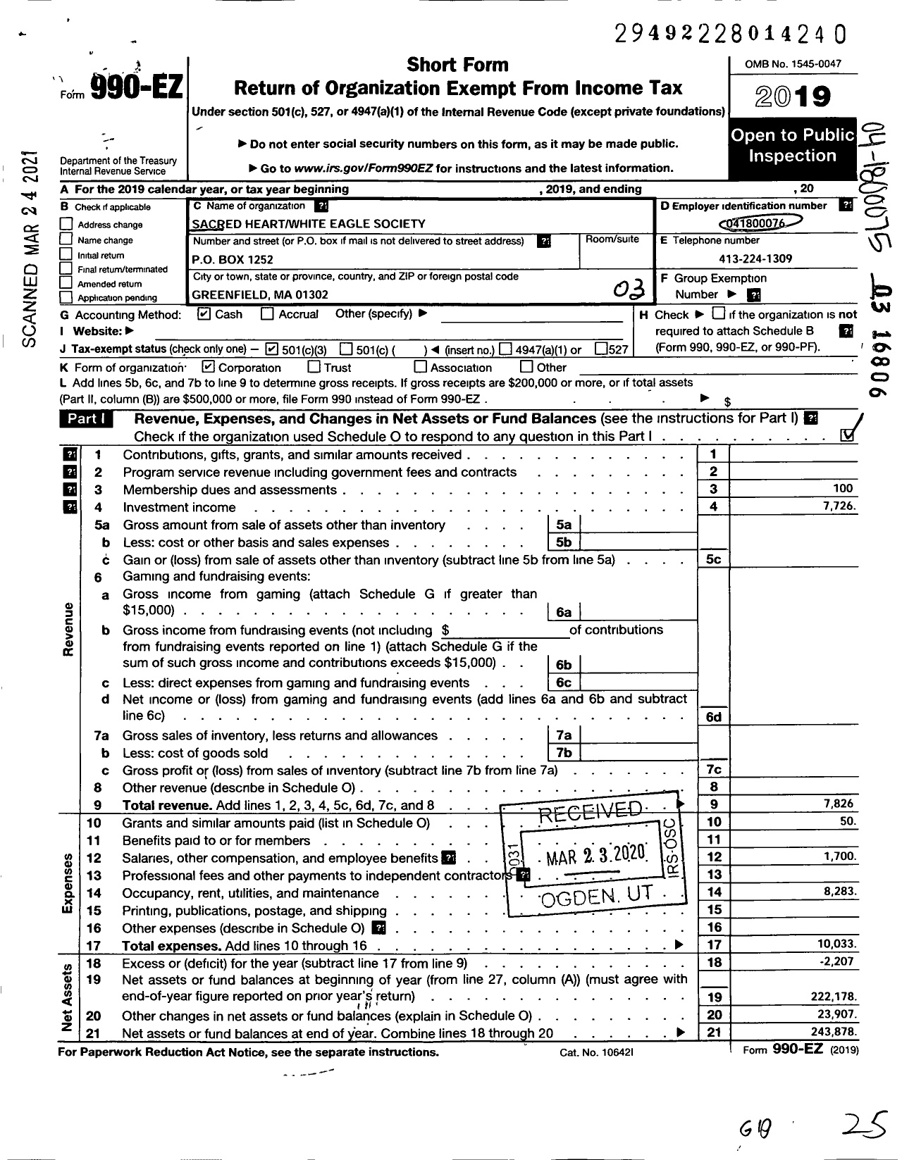 Image of first page of 2019 Form 990EZ for Sacred Heart White Eagle Society