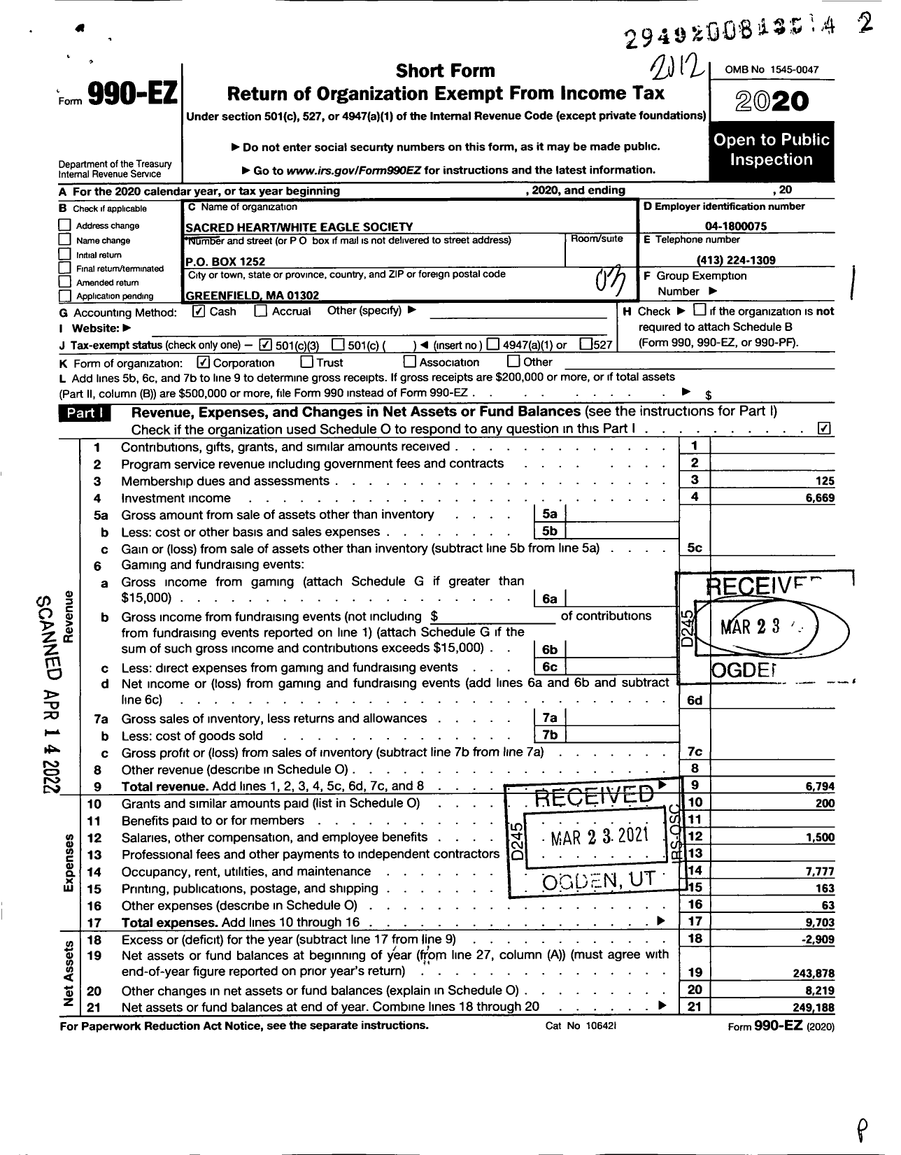 Image of first page of 2020 Form 990EZ for Sacred Heart White Eagle Society