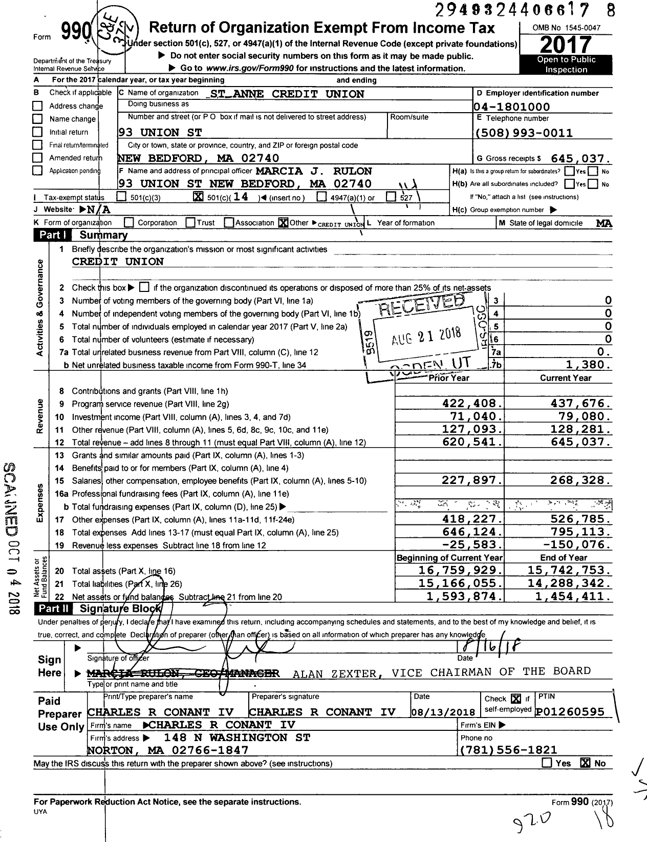 Image of first page of 2017 Form 990O for St Anne Credit Union